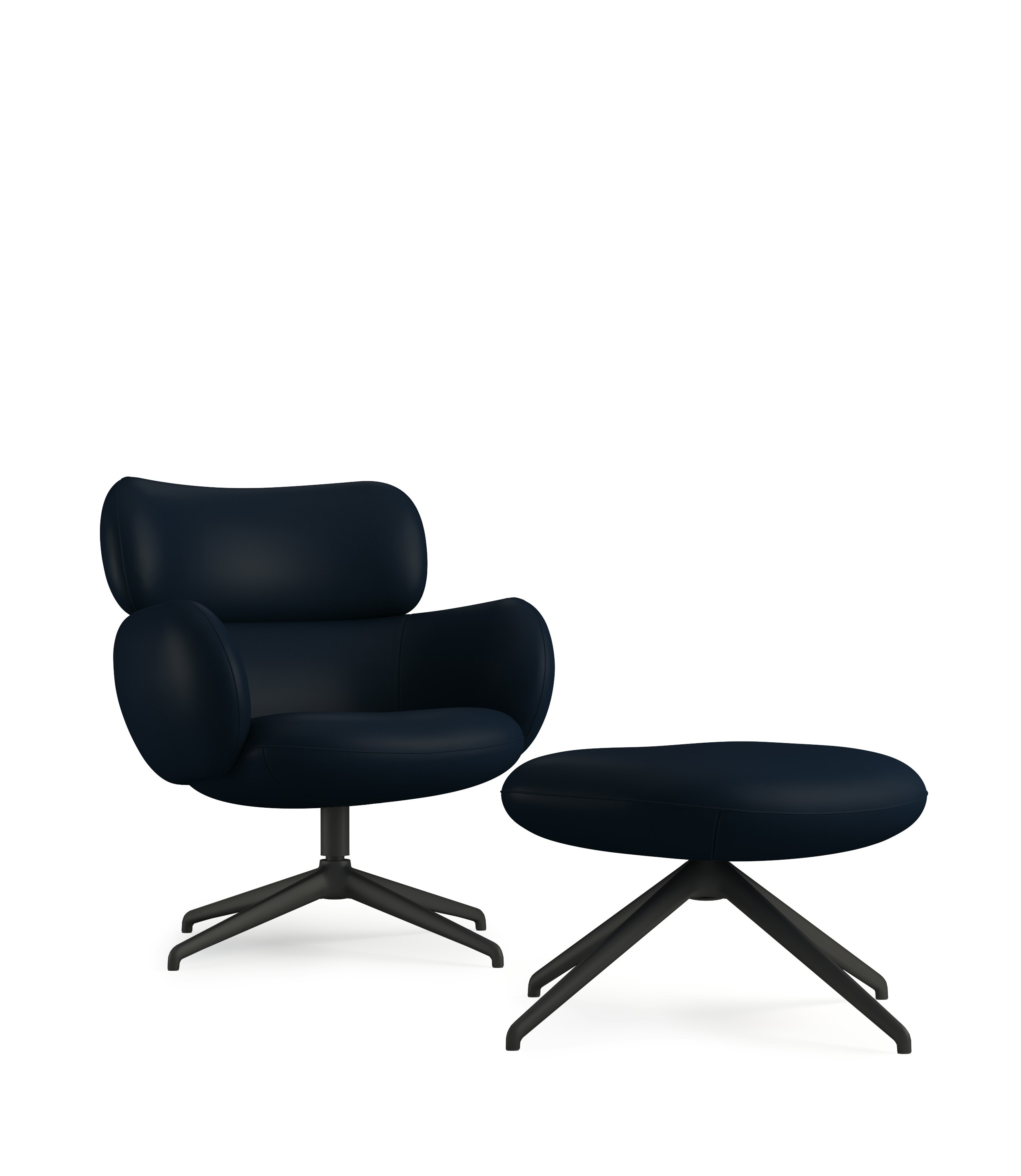 Blis Swivel Chair and Ottoman - Black, Raise Leather, Oasis