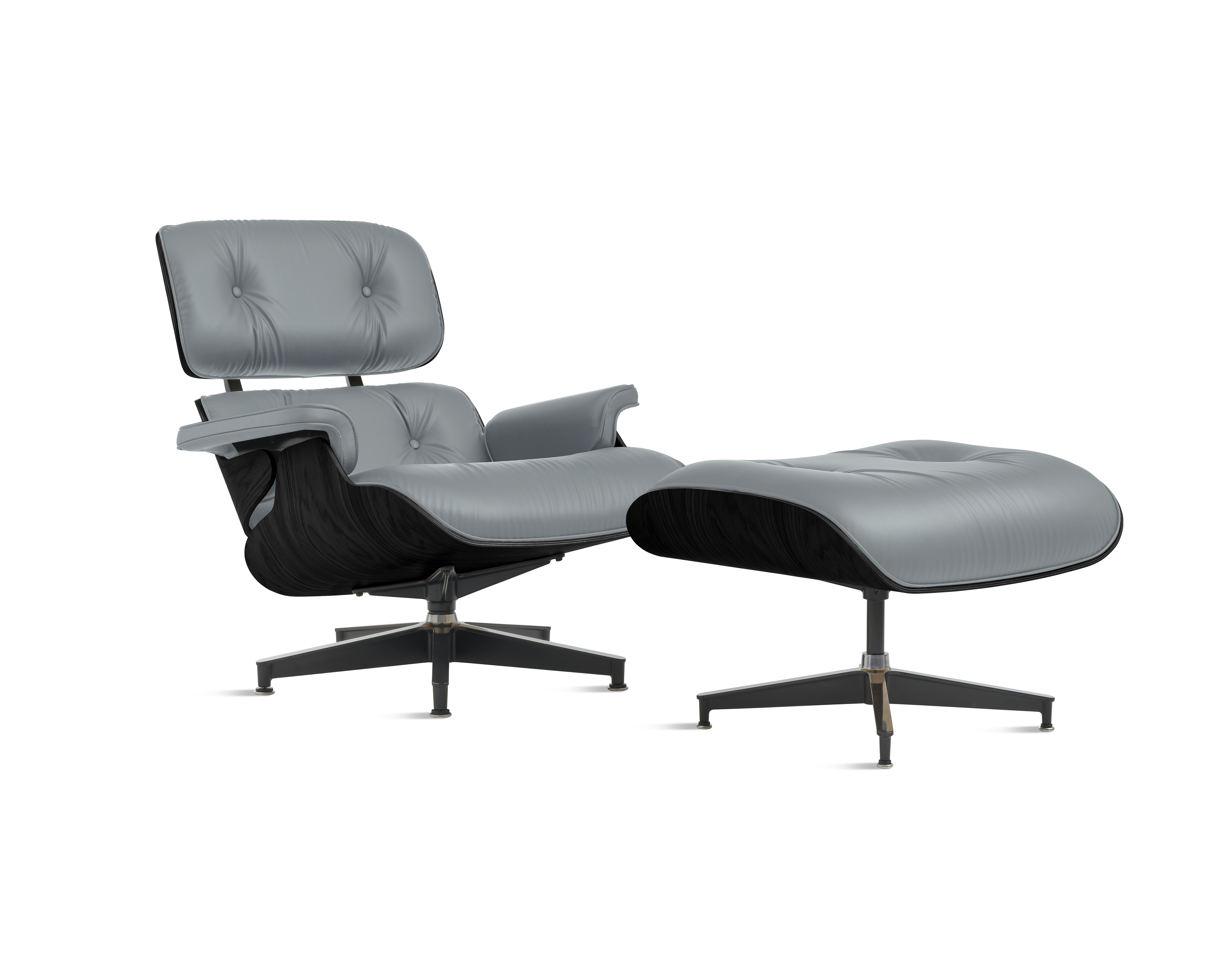 Eames Lounge & Ottoman,  3/4 View - Ebony Ash - All Grain Leather,  Mercury