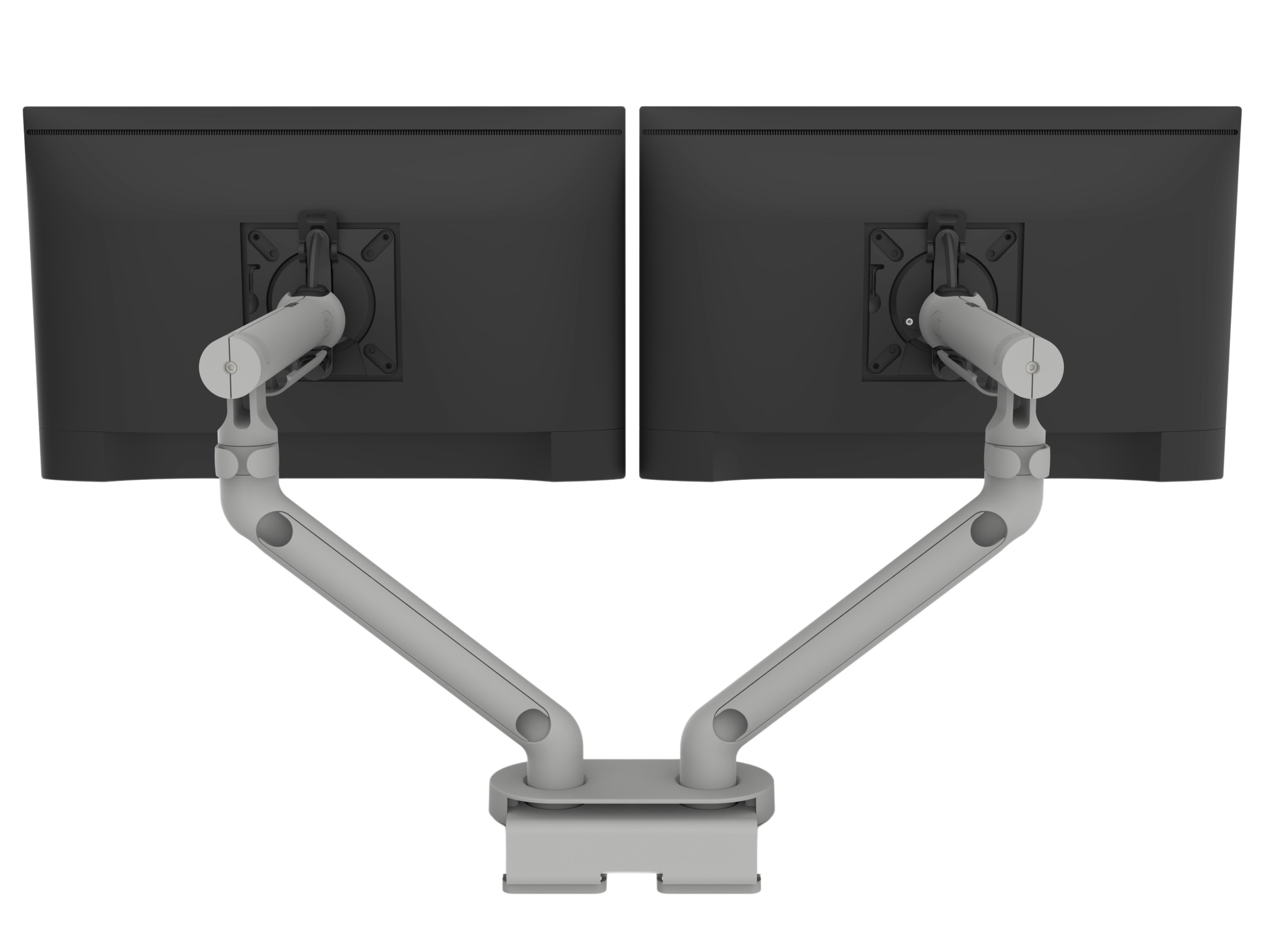 Flo Dual monitor arm silver, viewed from the back