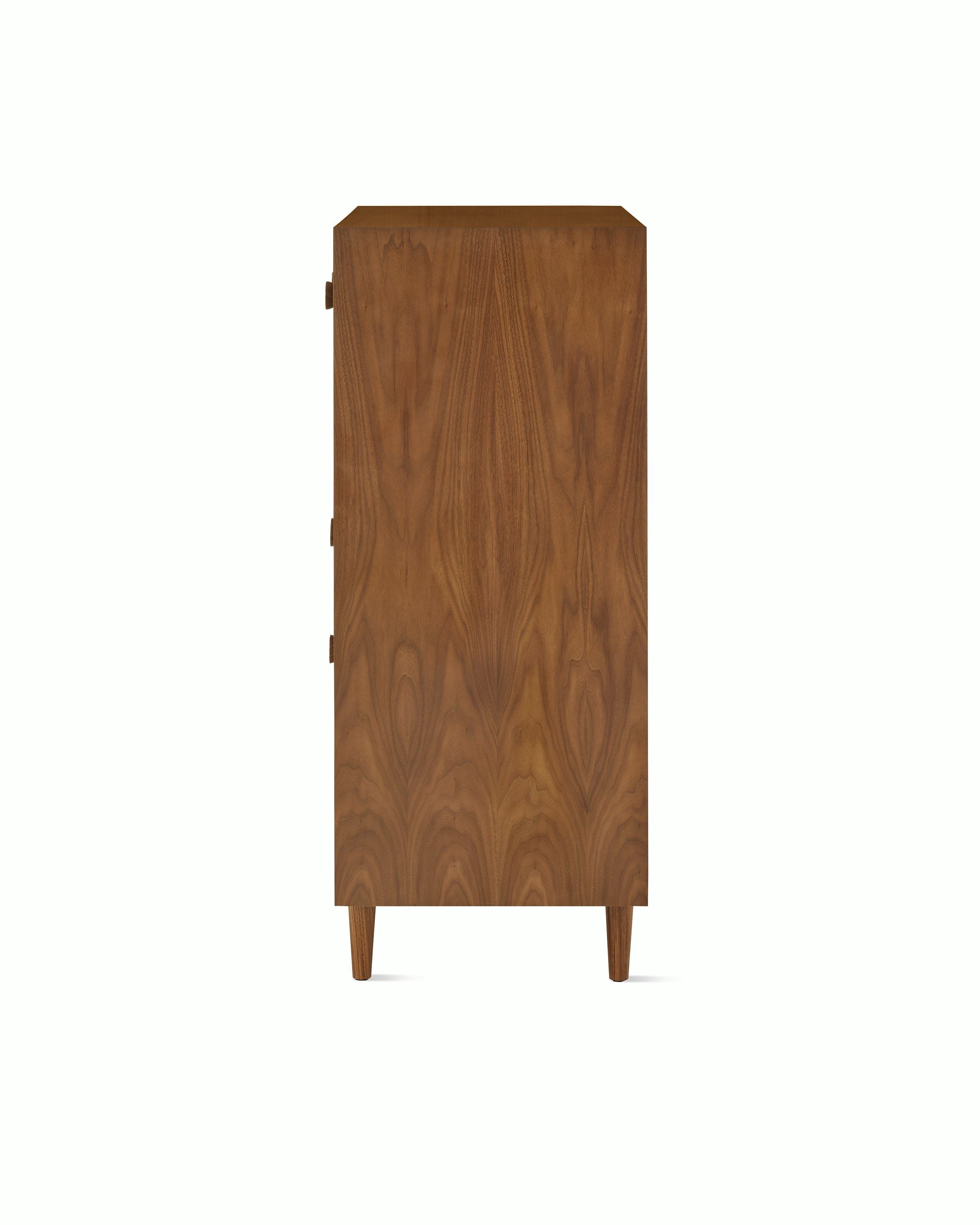 Nelson Basic Cabinet Series Console in walnut, two doors, three drawers, taper legs, cupcake pulls.
