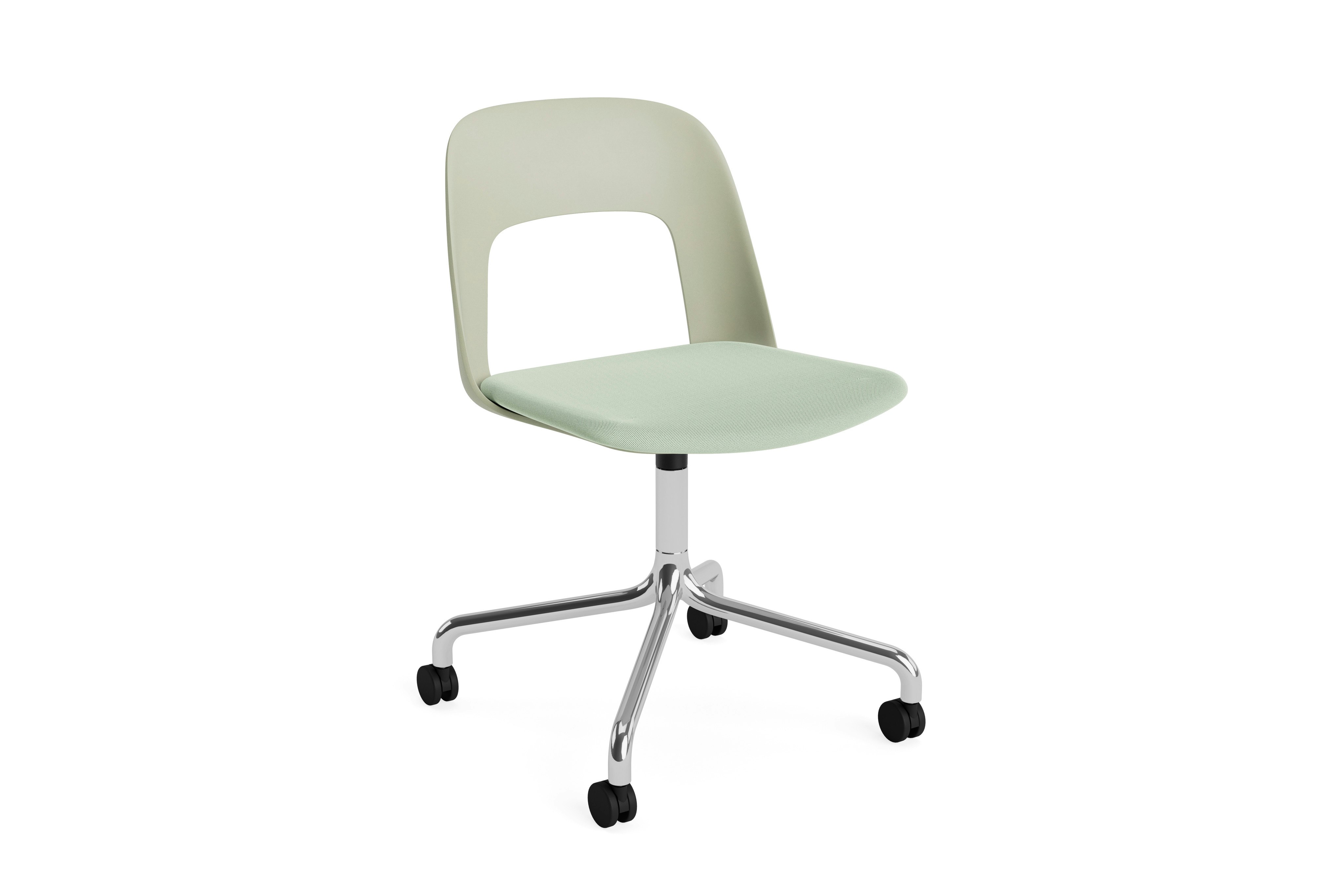 Plastic shell armless chair with upholstered seat on arc caster base, angled view