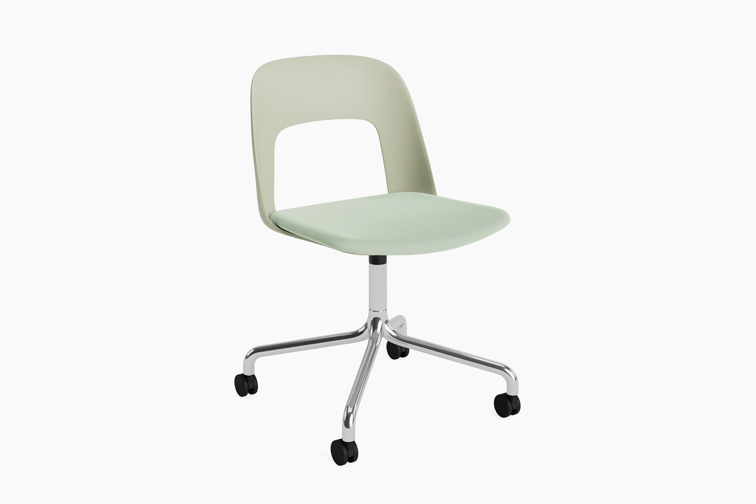 Plastic shell armless chair with upholstered seat on arc caster base, angled view