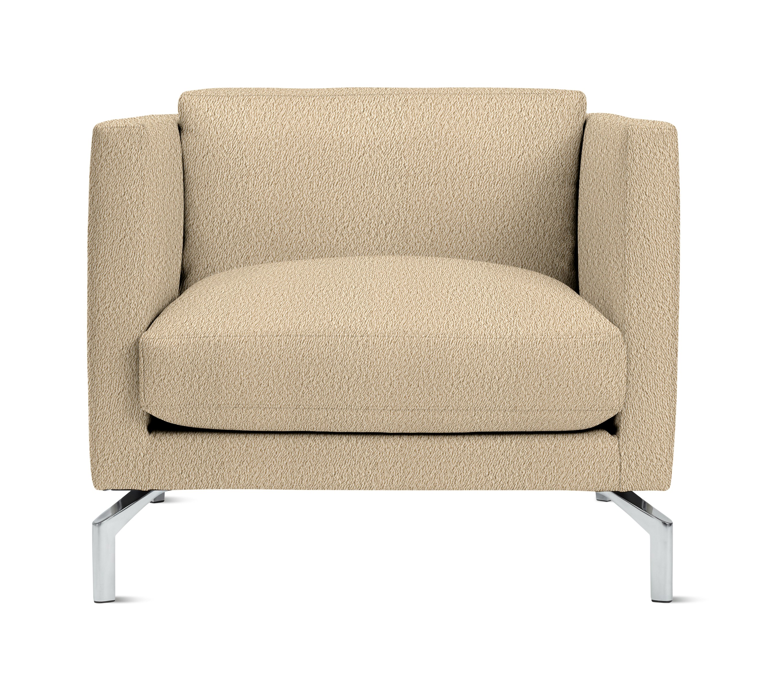 A Comolino Armchair in Turf: Sand viewed from the front.