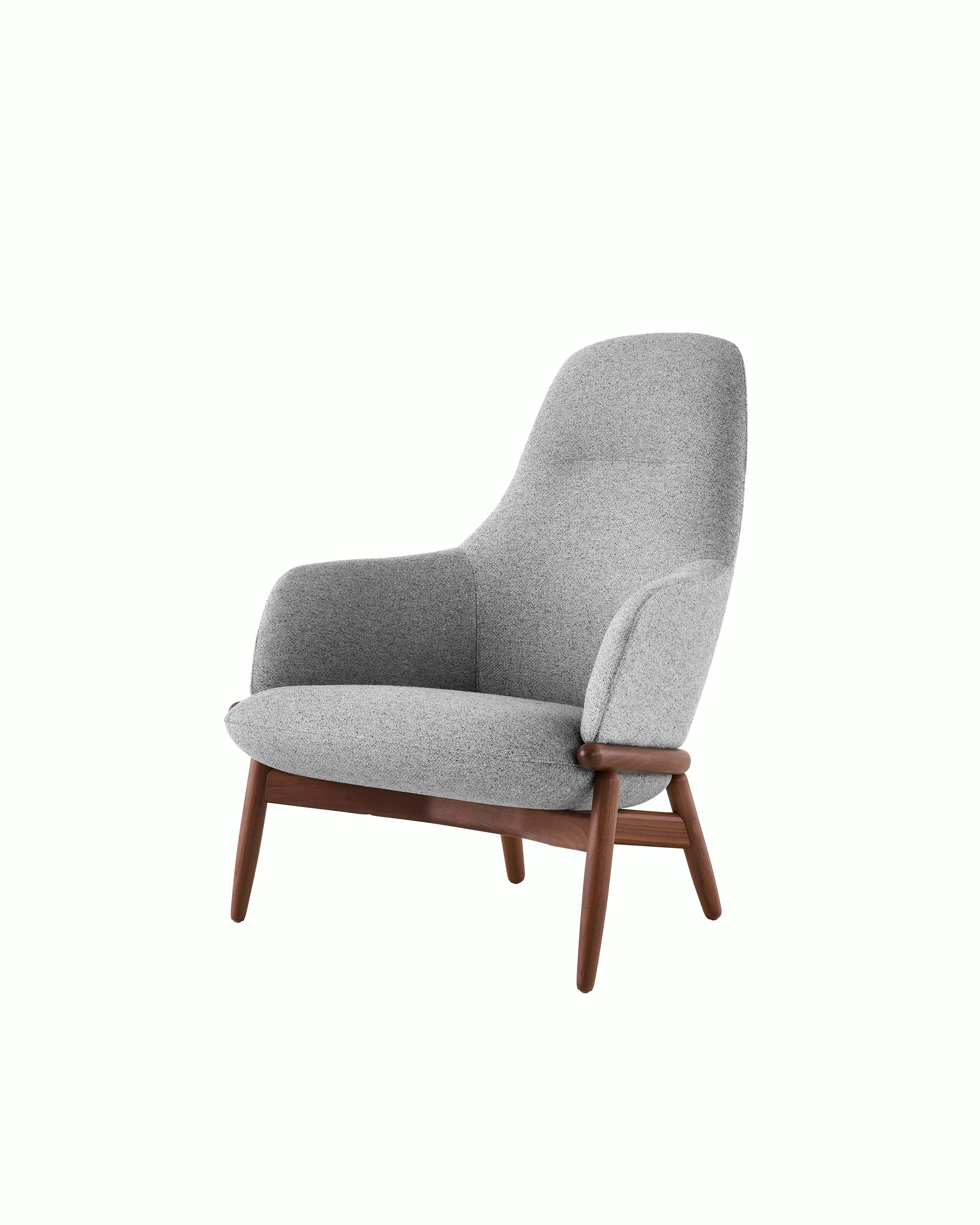 Angled view of a high-back Reframe lounge chair with light gray upholstery.