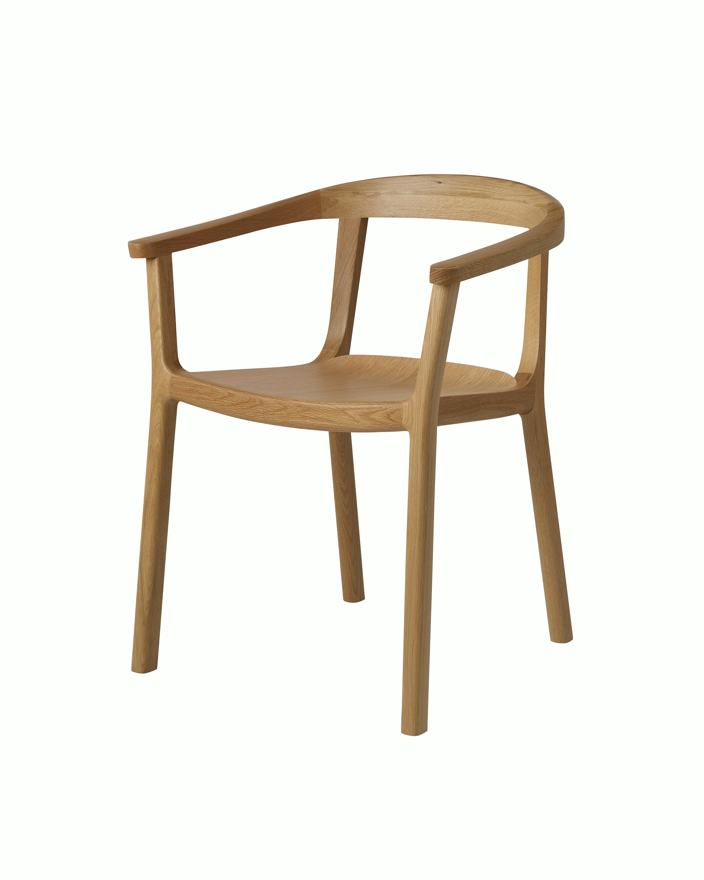 Lijn Armchair by Carole Baijings for Geiger in Natural Oak frame, angled front view on a white sweep.