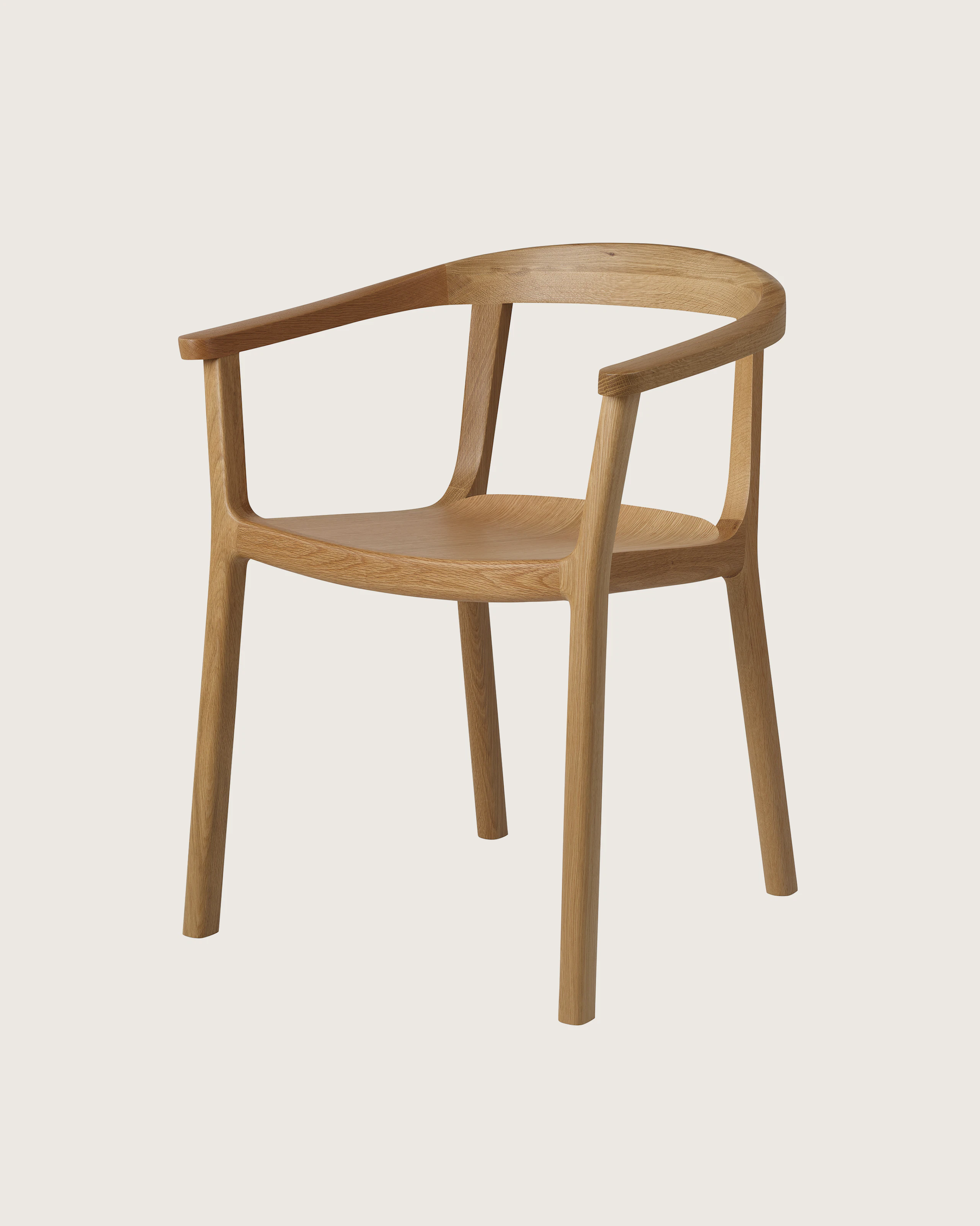 Lijn Armchair by Carole Baijings for Geiger in Natural Oak frame, angled front view on a white sweep.