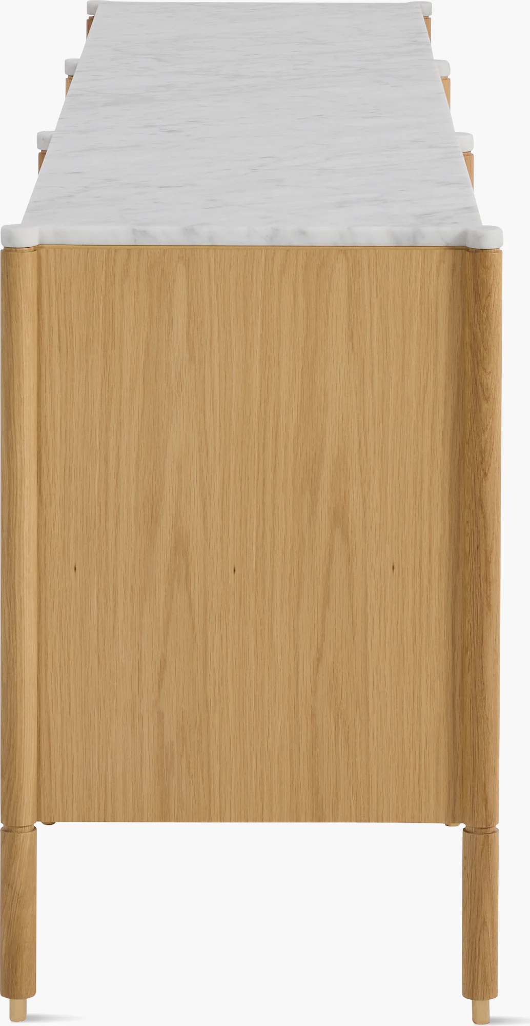 Close-up of Morrison dresser frame, natural wood and white protective cover