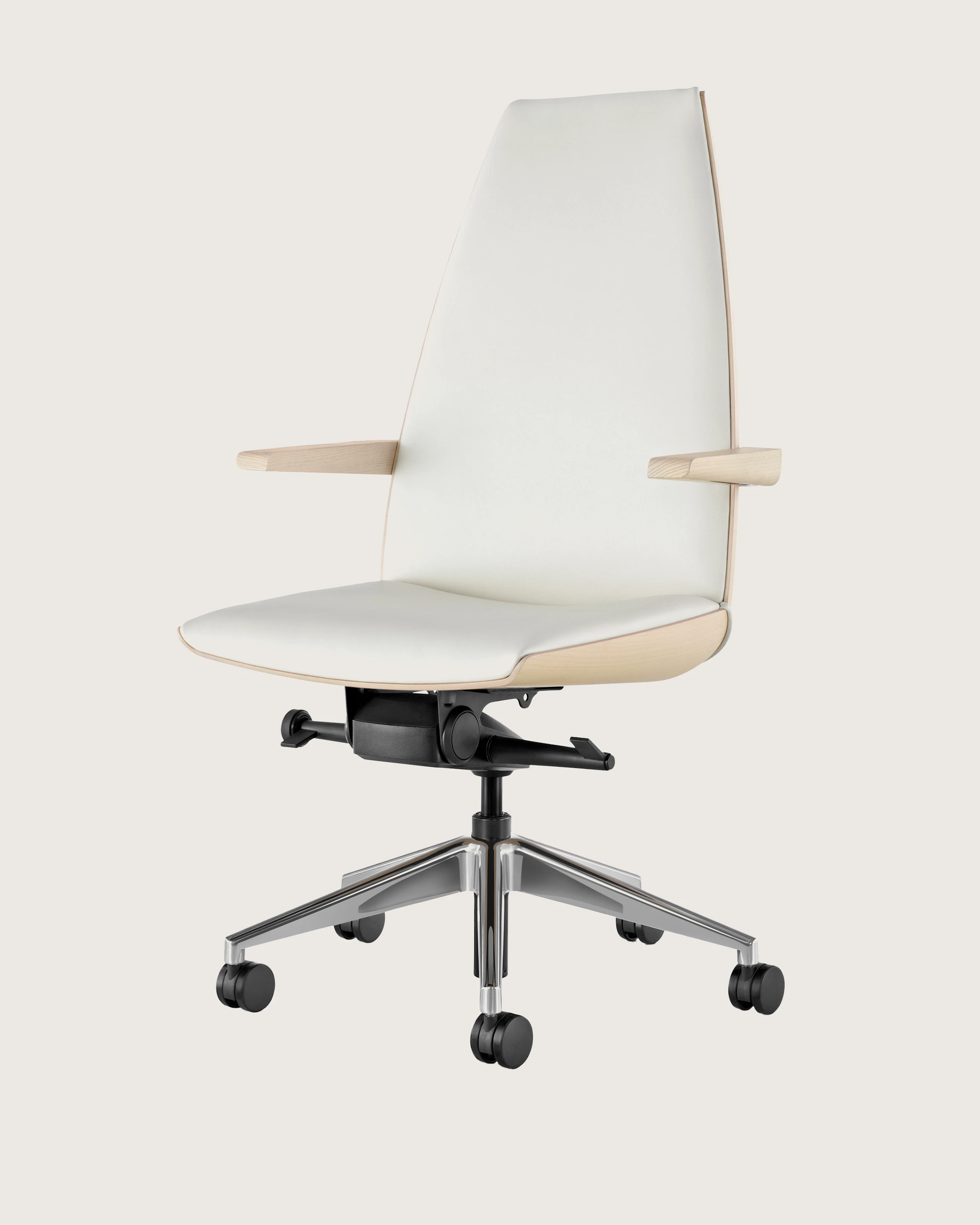 Angled view of a high-back Clamshell office chair with arms and off-white leather upholstery and light-ash shell.