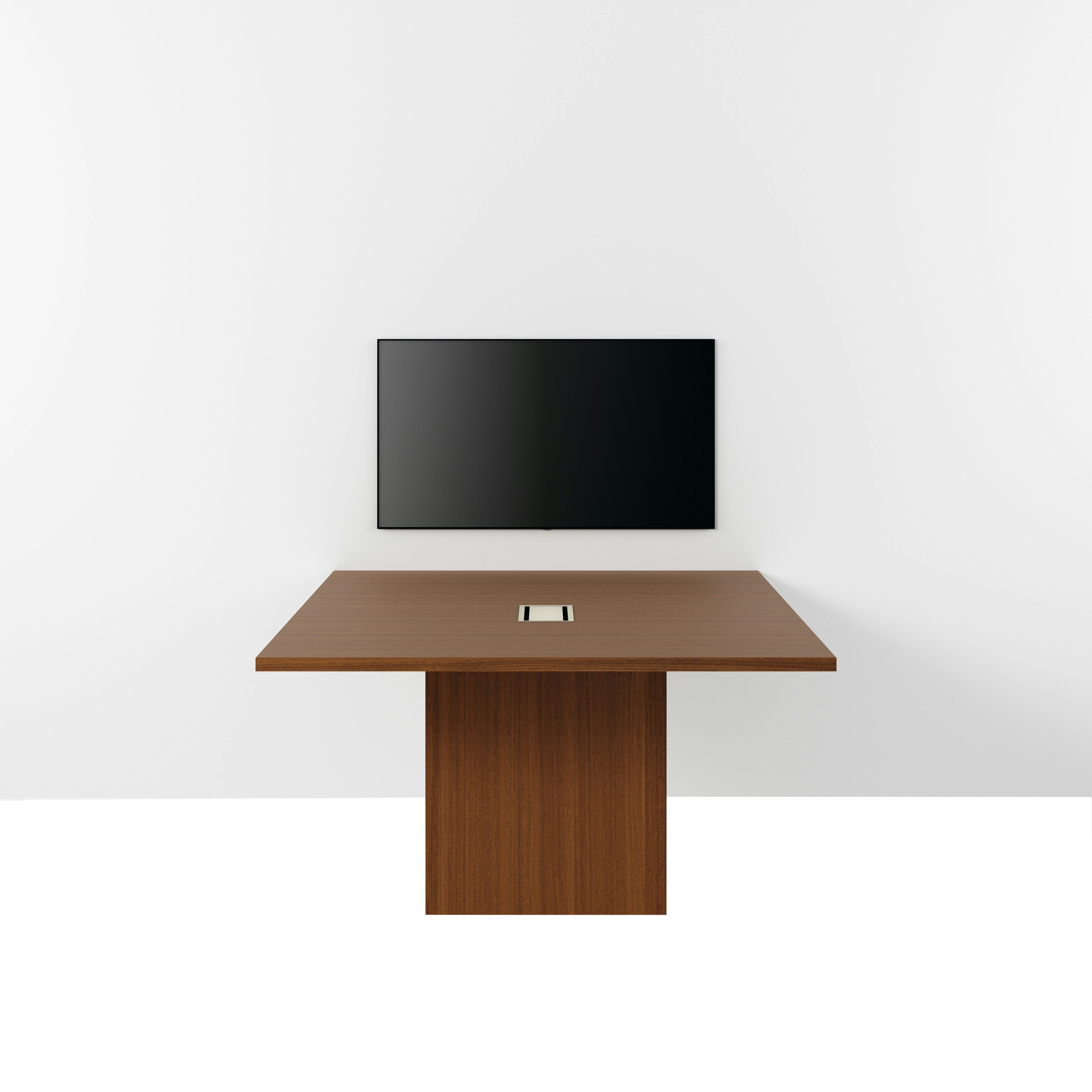 JD Media Table in Natural Quarter Cut Walnut with a 1 and 1/4 inch thick top viewed from the front. 