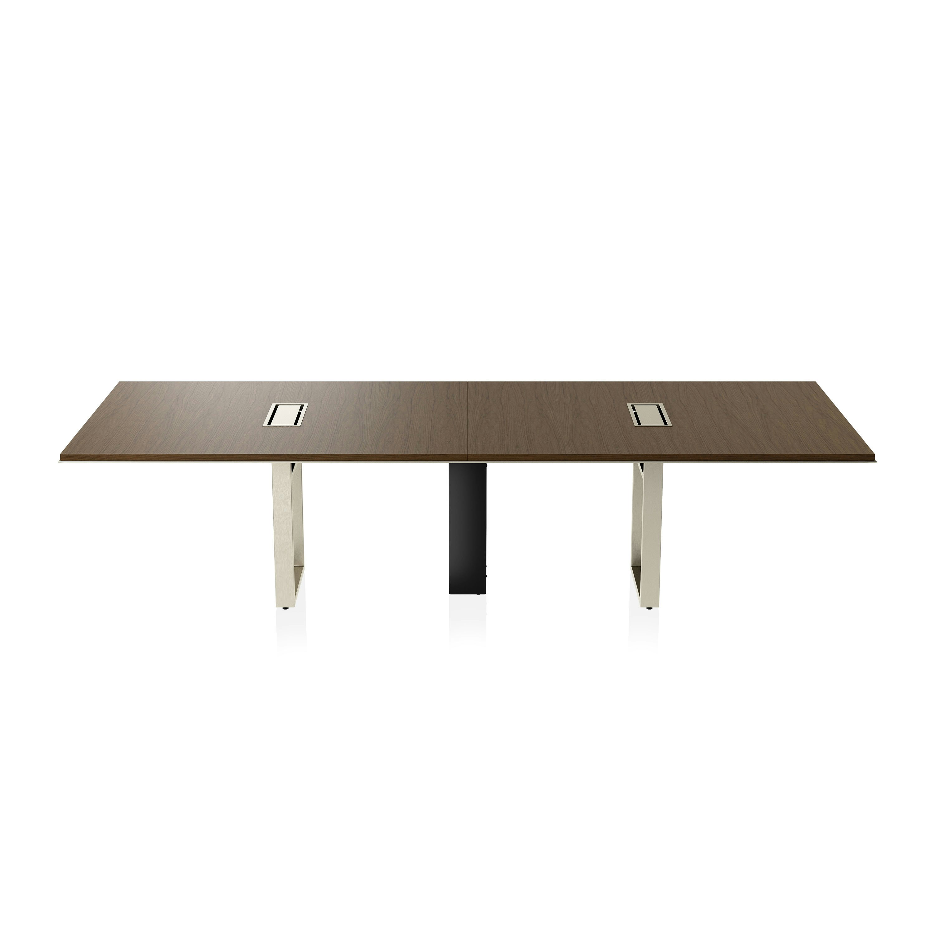 Highline Conference Table in Cashmere Flat Cut Walnut with Satin Nickel edge and base viewed from the front.