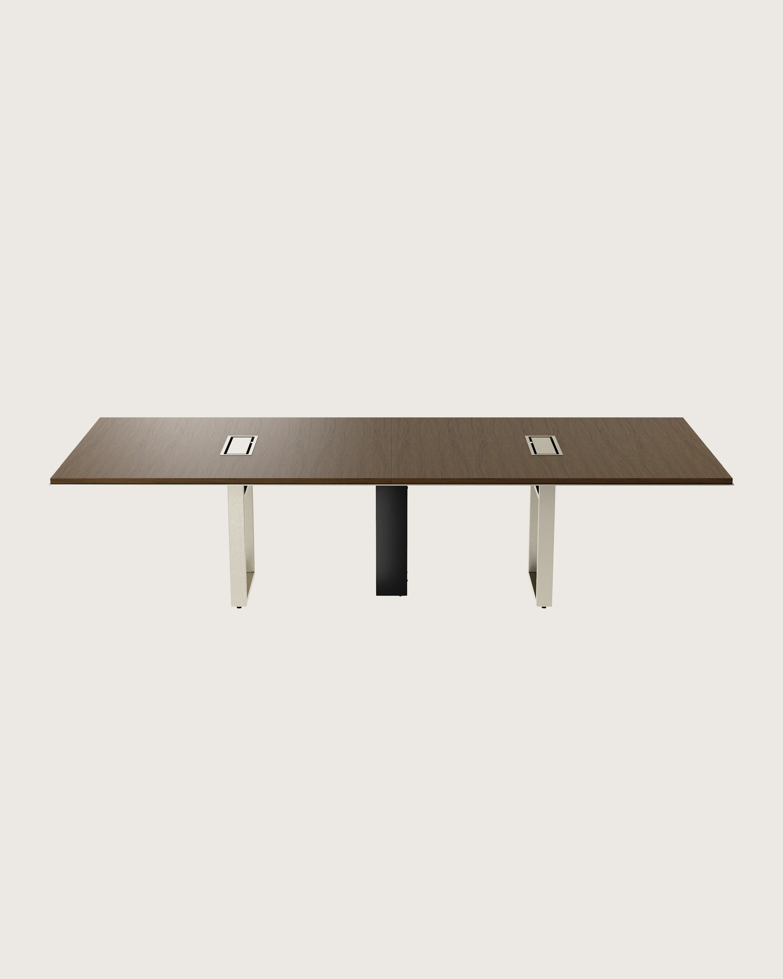 Highline Conference Table in Cashmere Flat Cut Walnut with Satin Nickel edge and base viewed from the front.