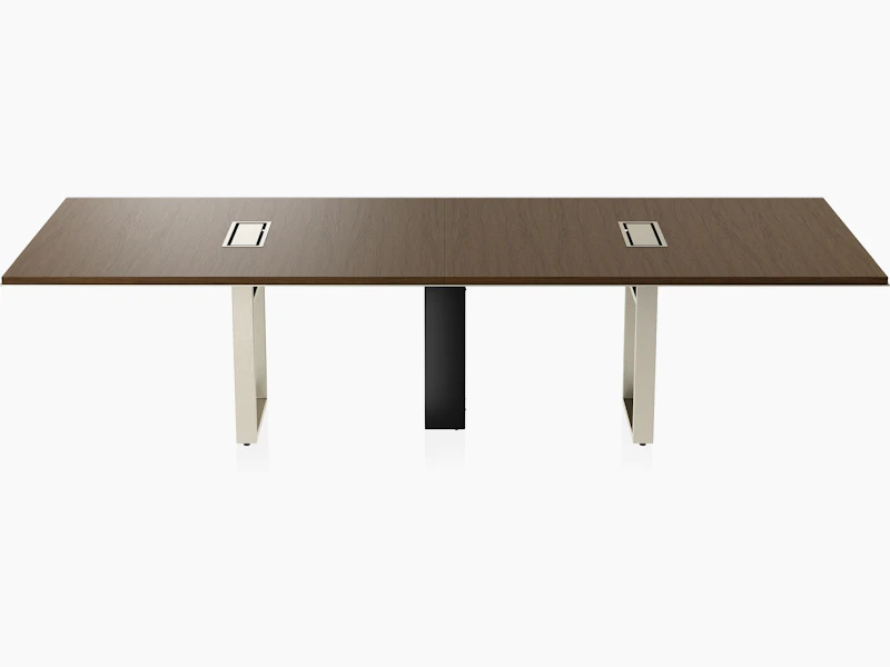 Highline Conference Table in Cashmere Flat Cut Walnut with Satin Nickel edge and base viewed from the front.