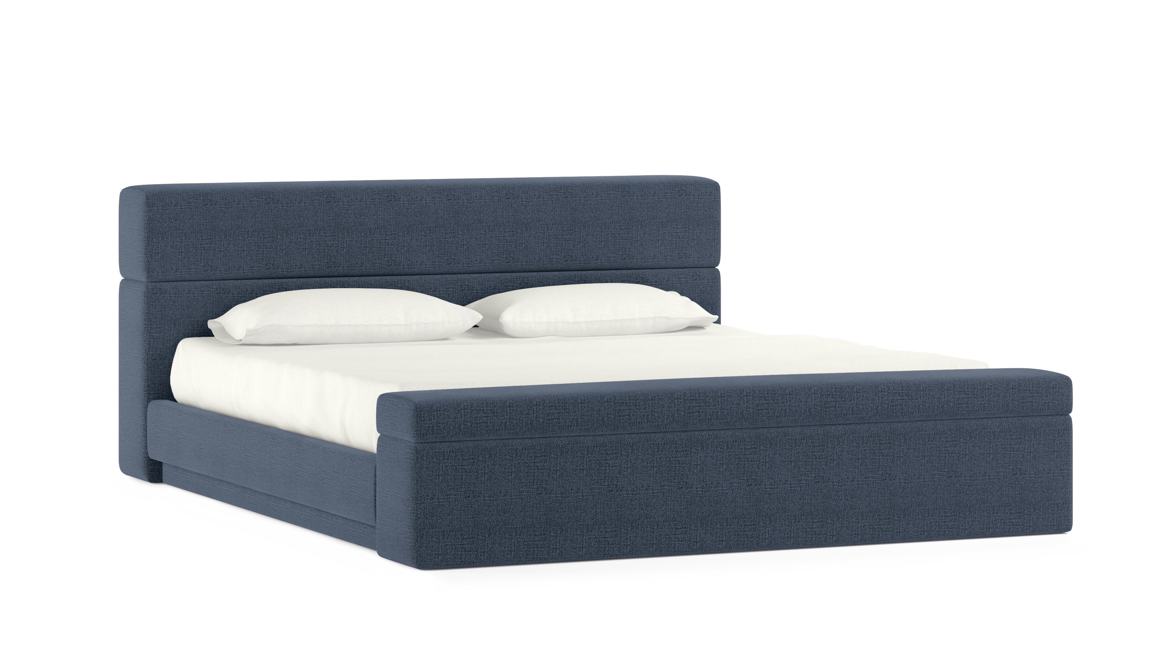 A Corbel Bed - Queen, Footboard Storage Only, Crypton Robusta, Blue viewed from an angle.