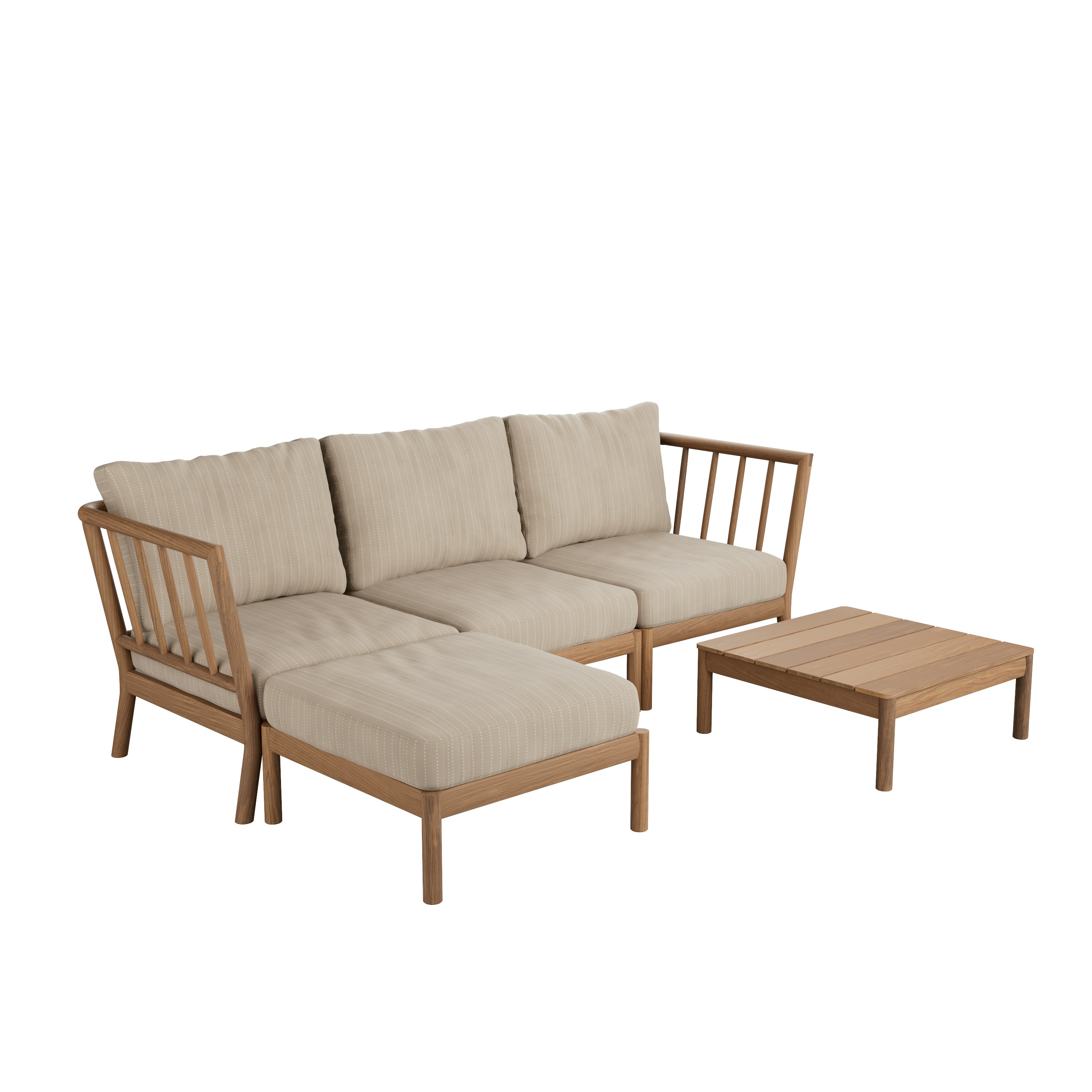 A Tradition Outdoor Chaise Sectional with Table in Sand viewed from an angle.
