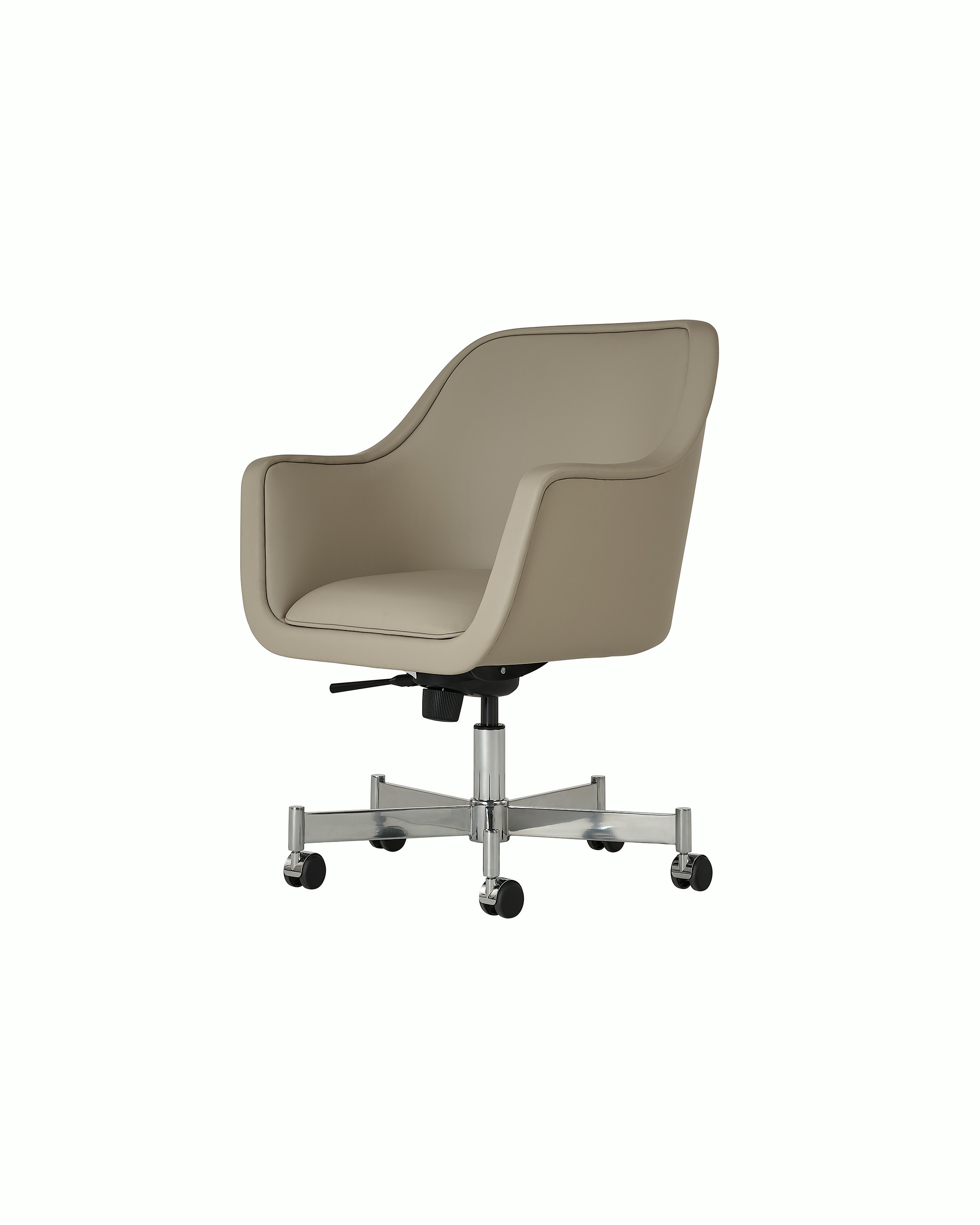 Bumper Conference Chair designed by Ward Bennett upholstered in Pace Leather in Reflection with a polished chrome base, shown at a front angle on a white sweep.