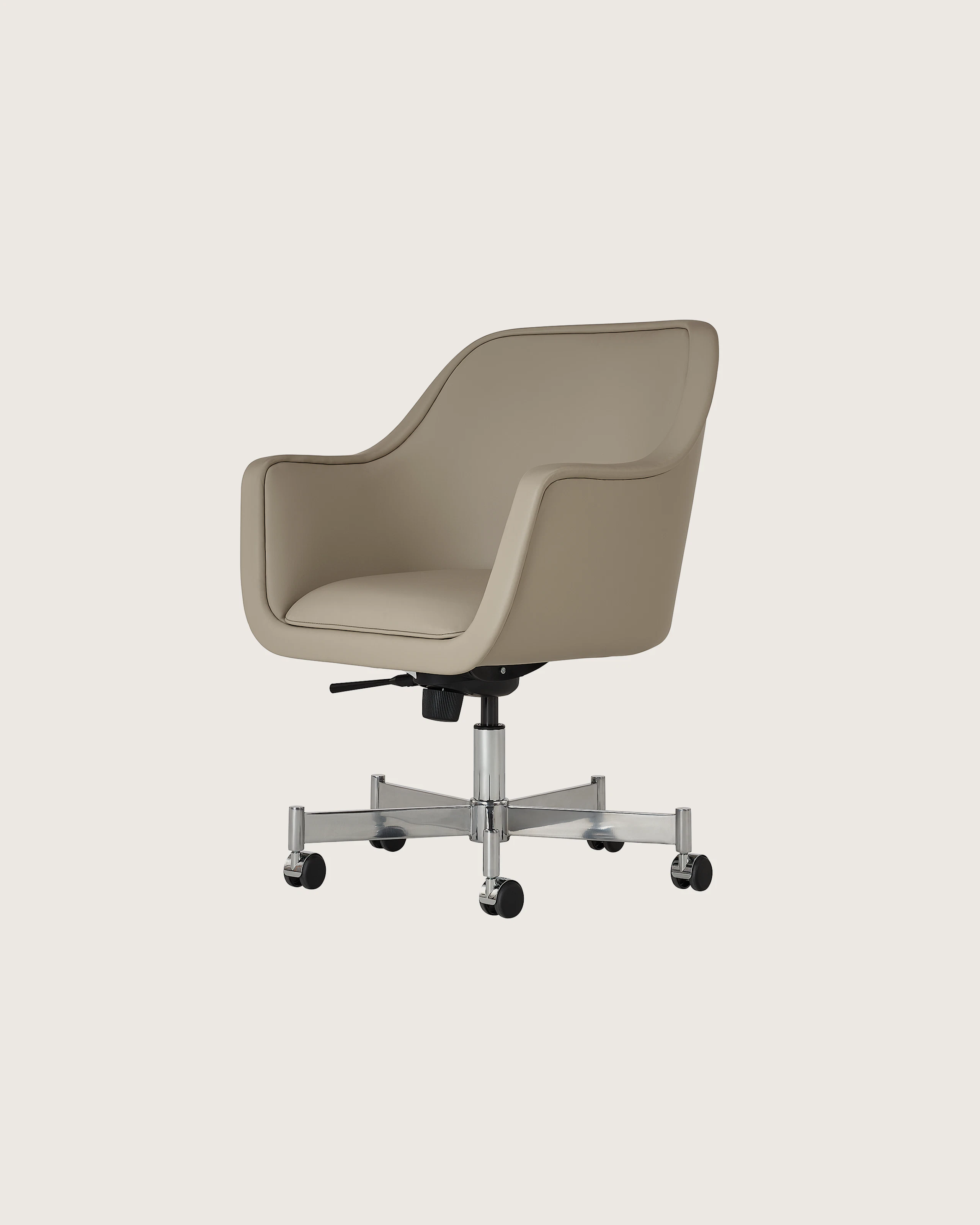 Bumper Conference Chair designed by Ward Bennett upholstered in Pace Leather in Reflection with a polished chrome base, shown at a front angle on a white sweep.