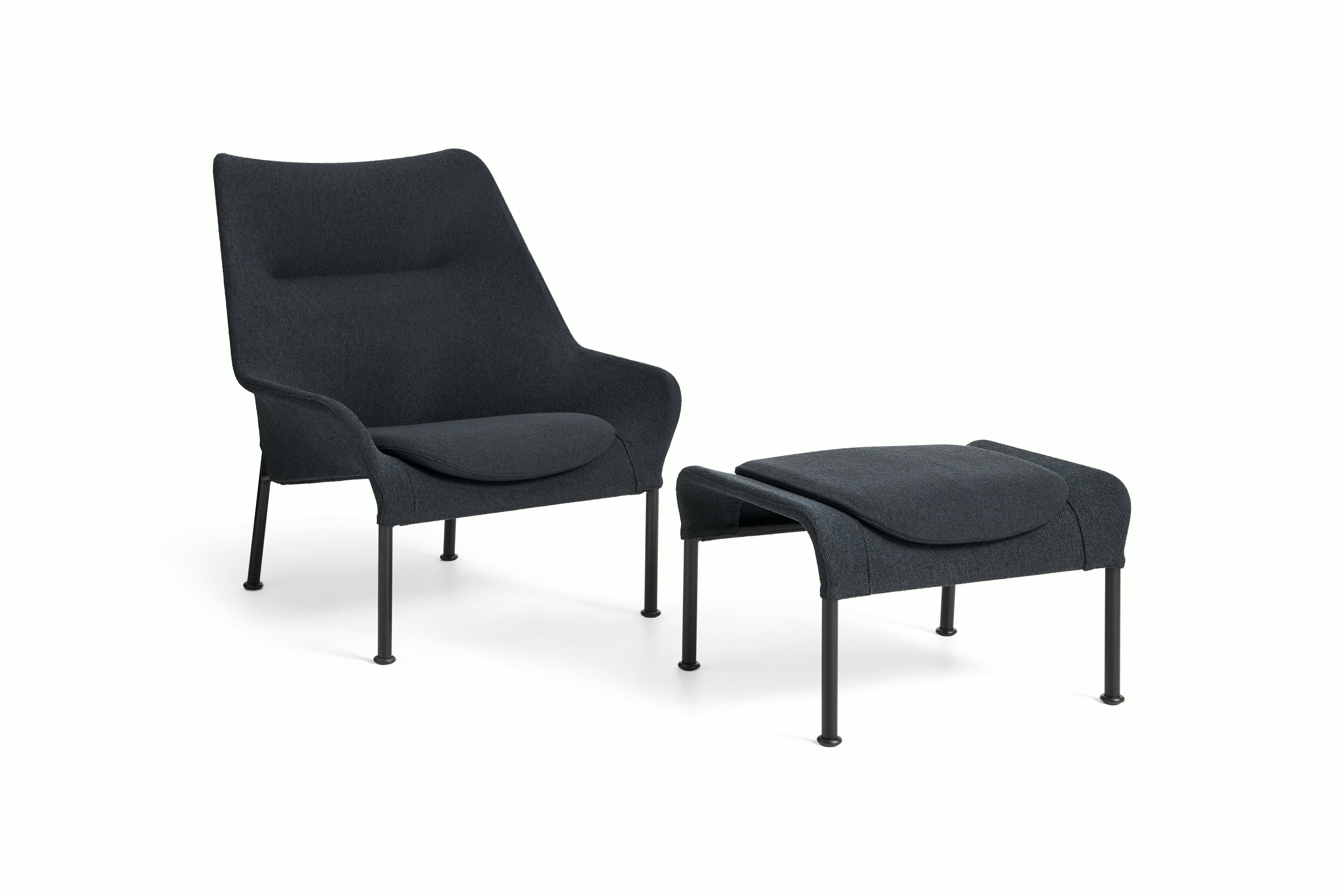 Dark grey O2 Lounge Chair with black base and matching ottoman on white background.