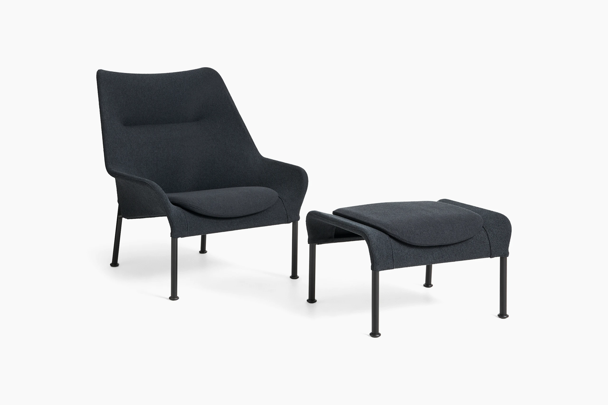 Dark grey O2 Lounge Chair with black base and matching ottoman on white background.