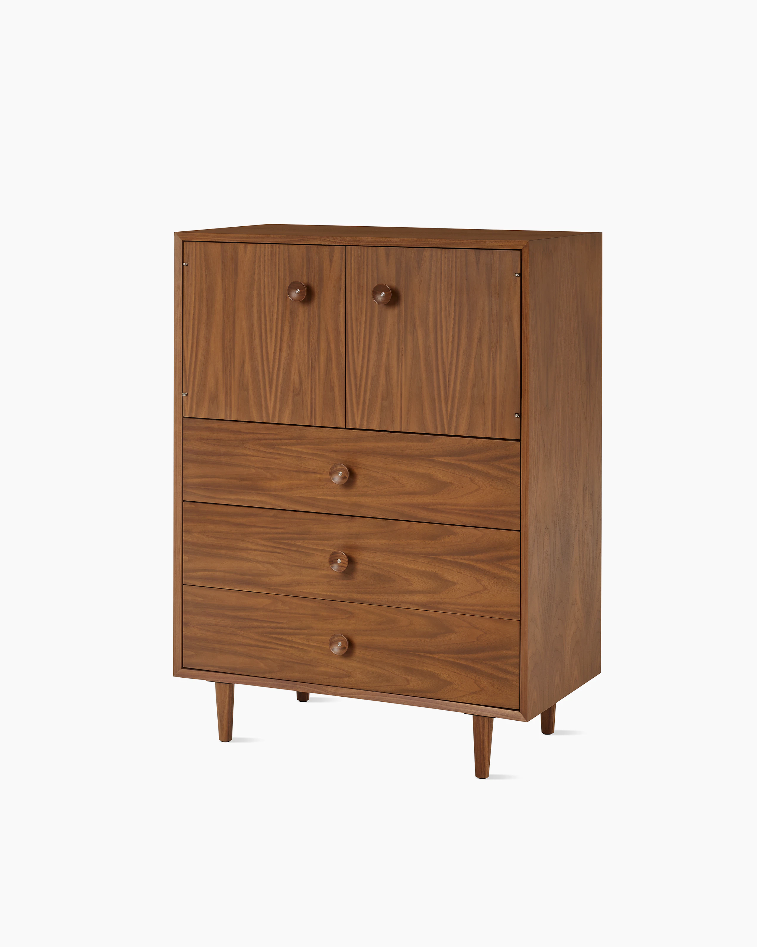 Nelson Basic Cabinet Series Console in walnut, two doors, three drawers, taper legs, cupcake pulls.