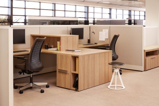 knoll essentials refined focus laminate fronts wood grain laminate personal storage filing cubby bin smoked Glass Add Ups task chair task light efficient planning combination pedestal desktop stacker