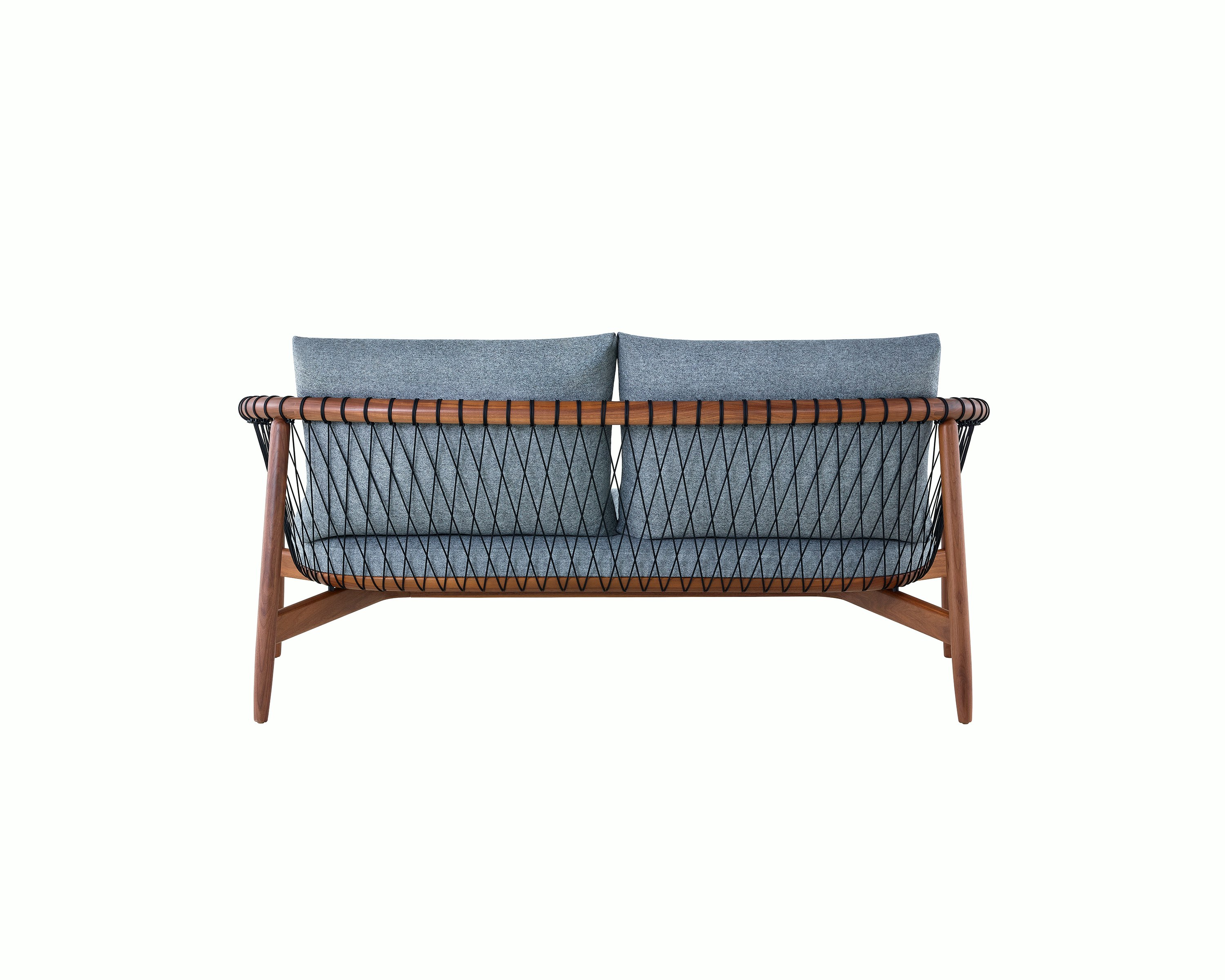 A dark-colored Crosshatch Settee featuring gray upholstery and a walnut frame. Viewed from behind.