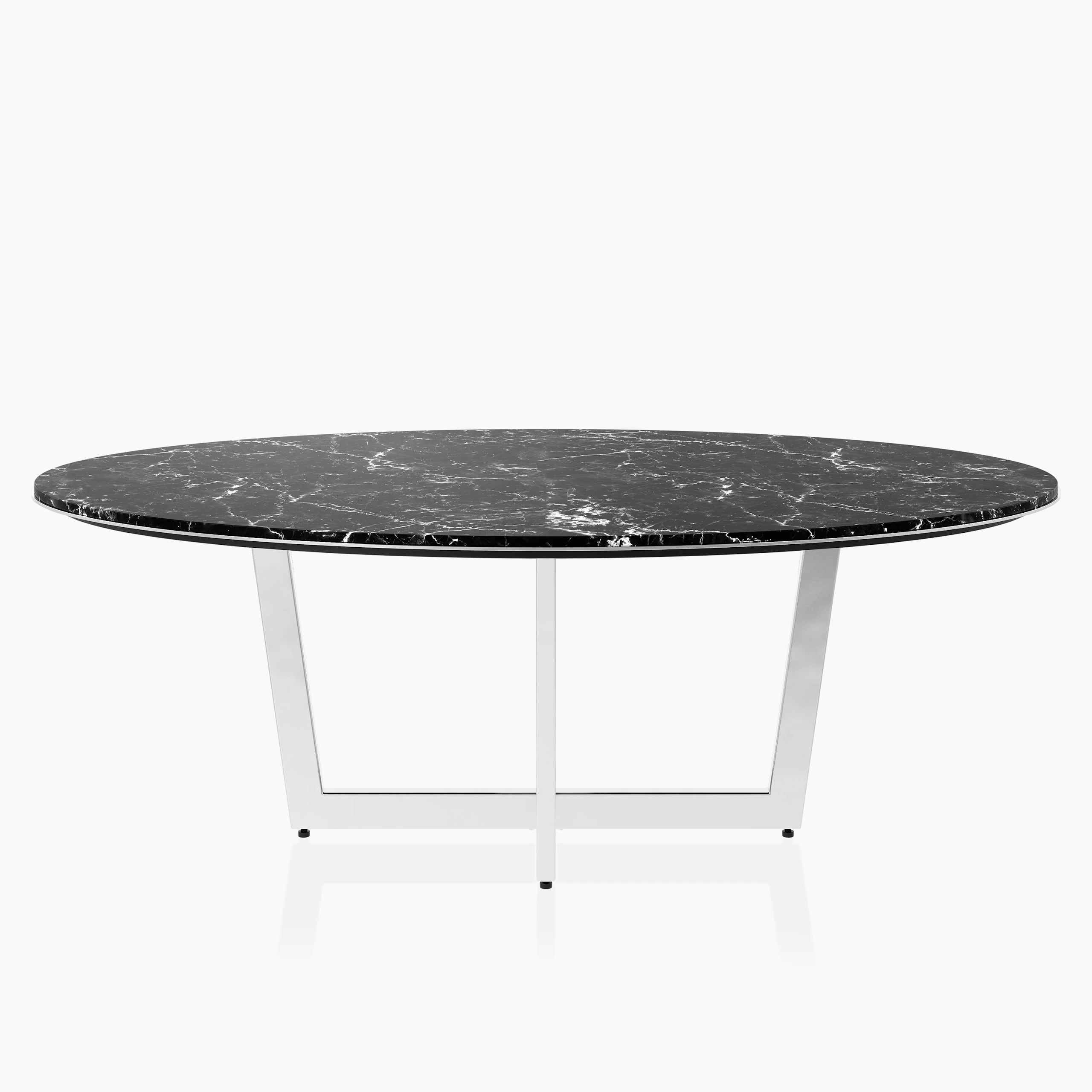 Elliptical-shaped Highline Meeting Table in Nero Marquina Honed Marble with a Polished Chrome base viewed from the front.