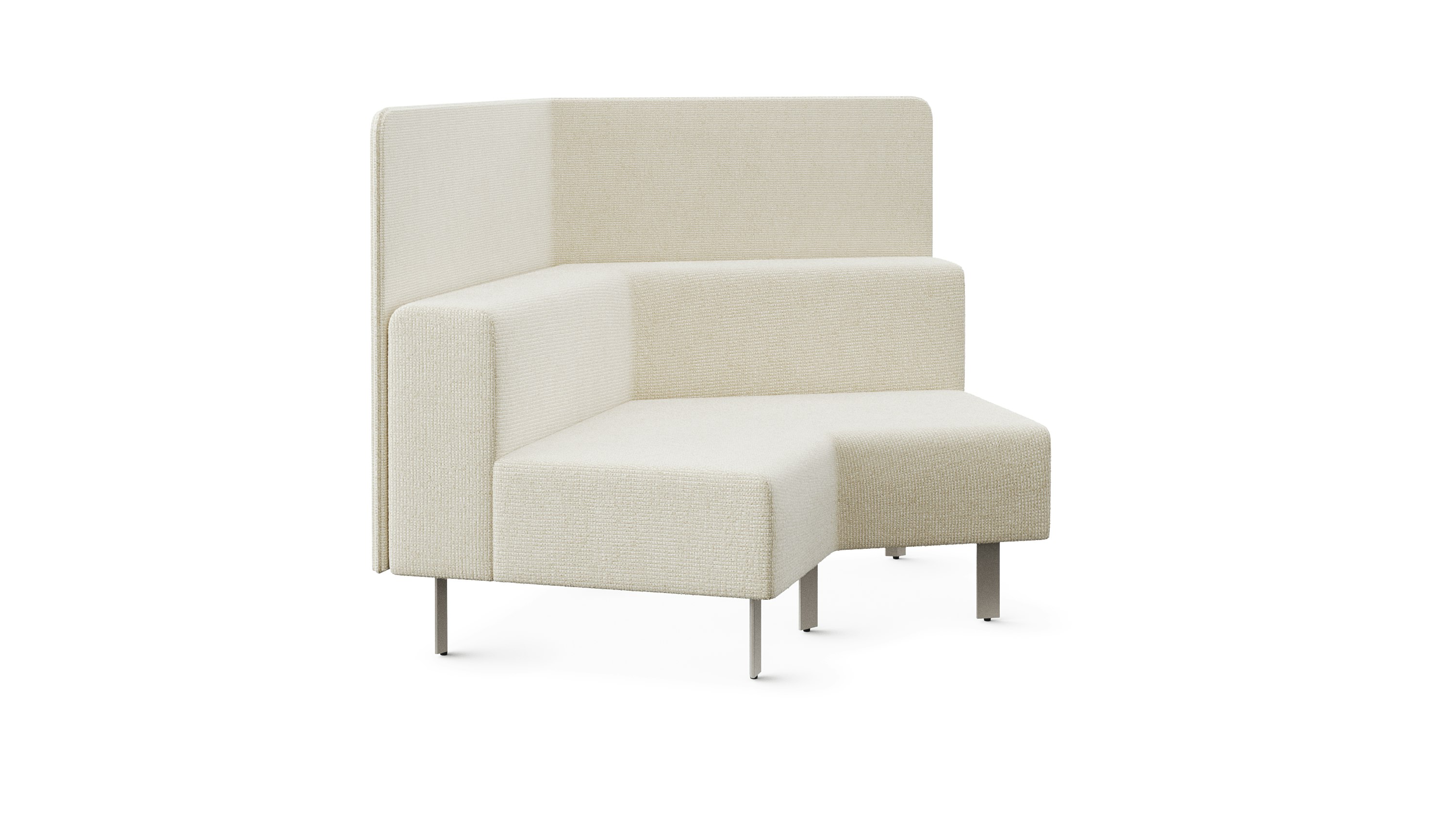 A lounge bench with a 120 degree angle is shown from an angle . The bench has a backrest as well as privacy screens attached to the back.