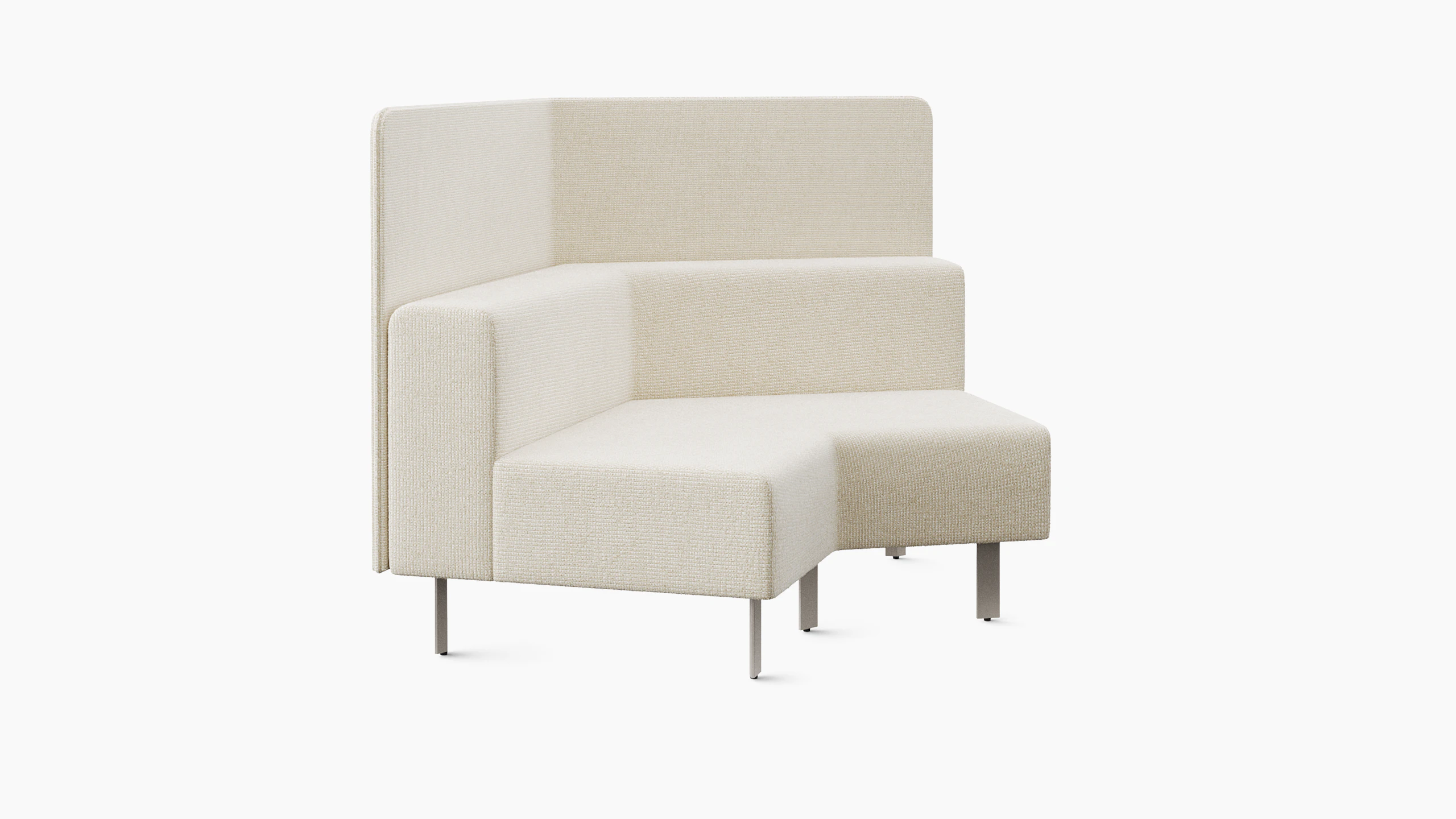 A lounge bench with a 120 degree angle is shown from an angle . The bench has a backrest as well as privacy screens attached to the back.