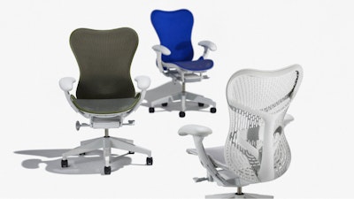Three Mirra 2 Chairs by Herman Miller, each with a different color back: alpine, olive, and ultramarine.