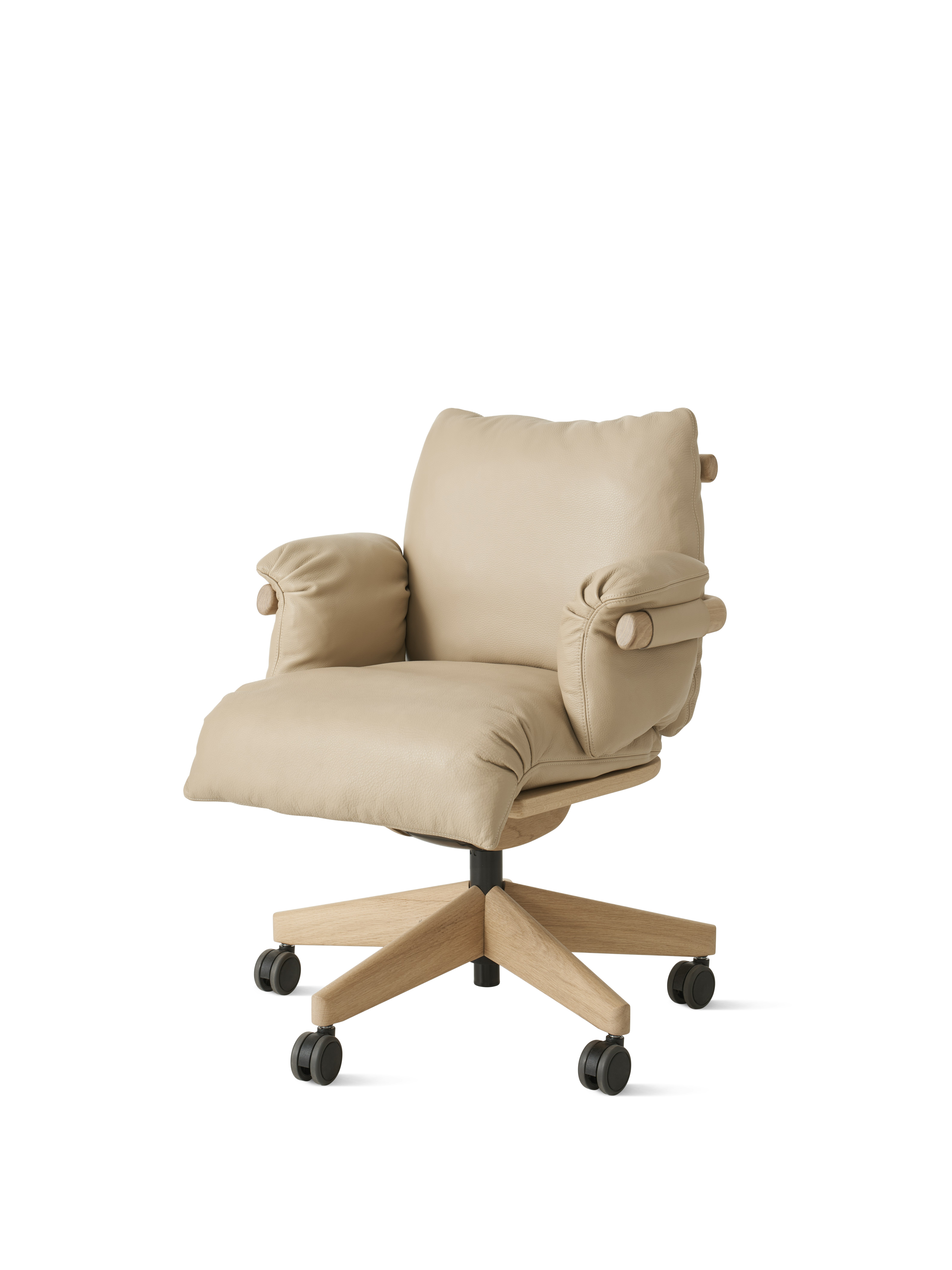 Ramus Chair - Low Back,  Comfort Leather,  Grey Beige,  Oak,  Satin Brass,  Hard Floor Caster