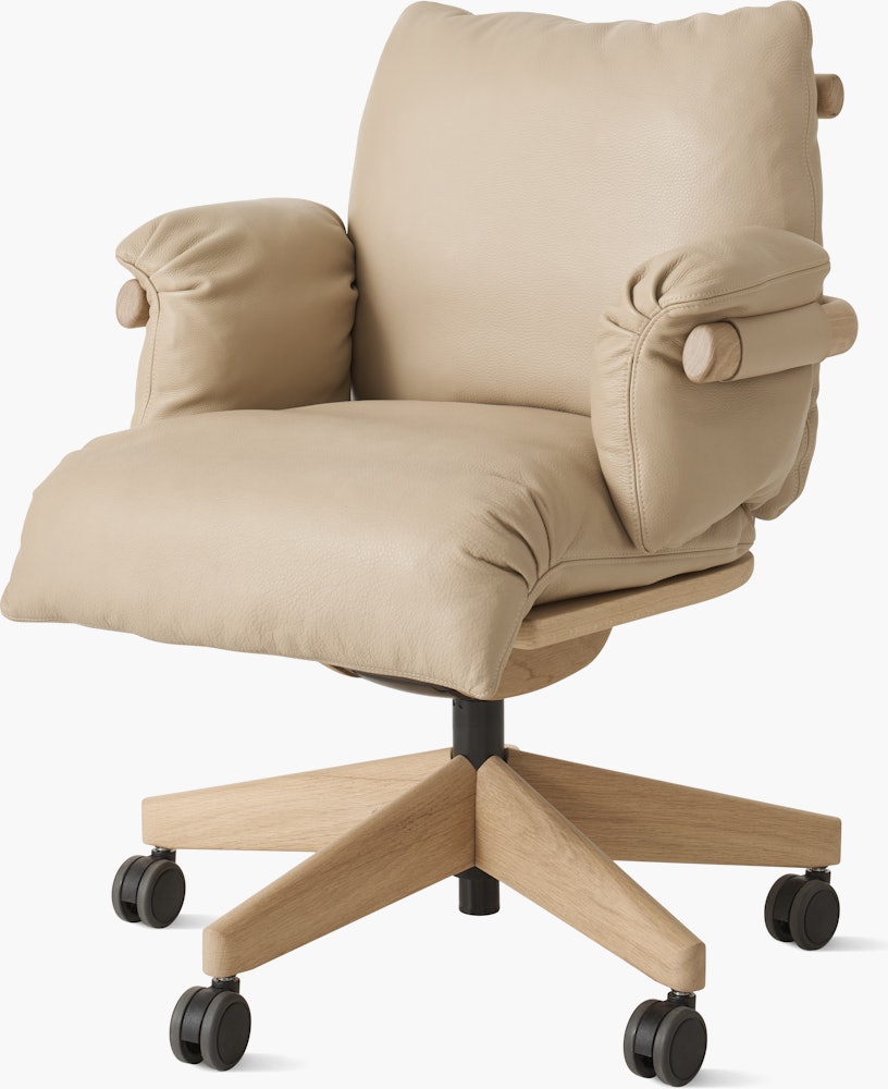 Ramus Chair - Low Back,  Comfort Leather,  Grey Beige,  Oak,  Satin Brass,  Hard Floor Caster