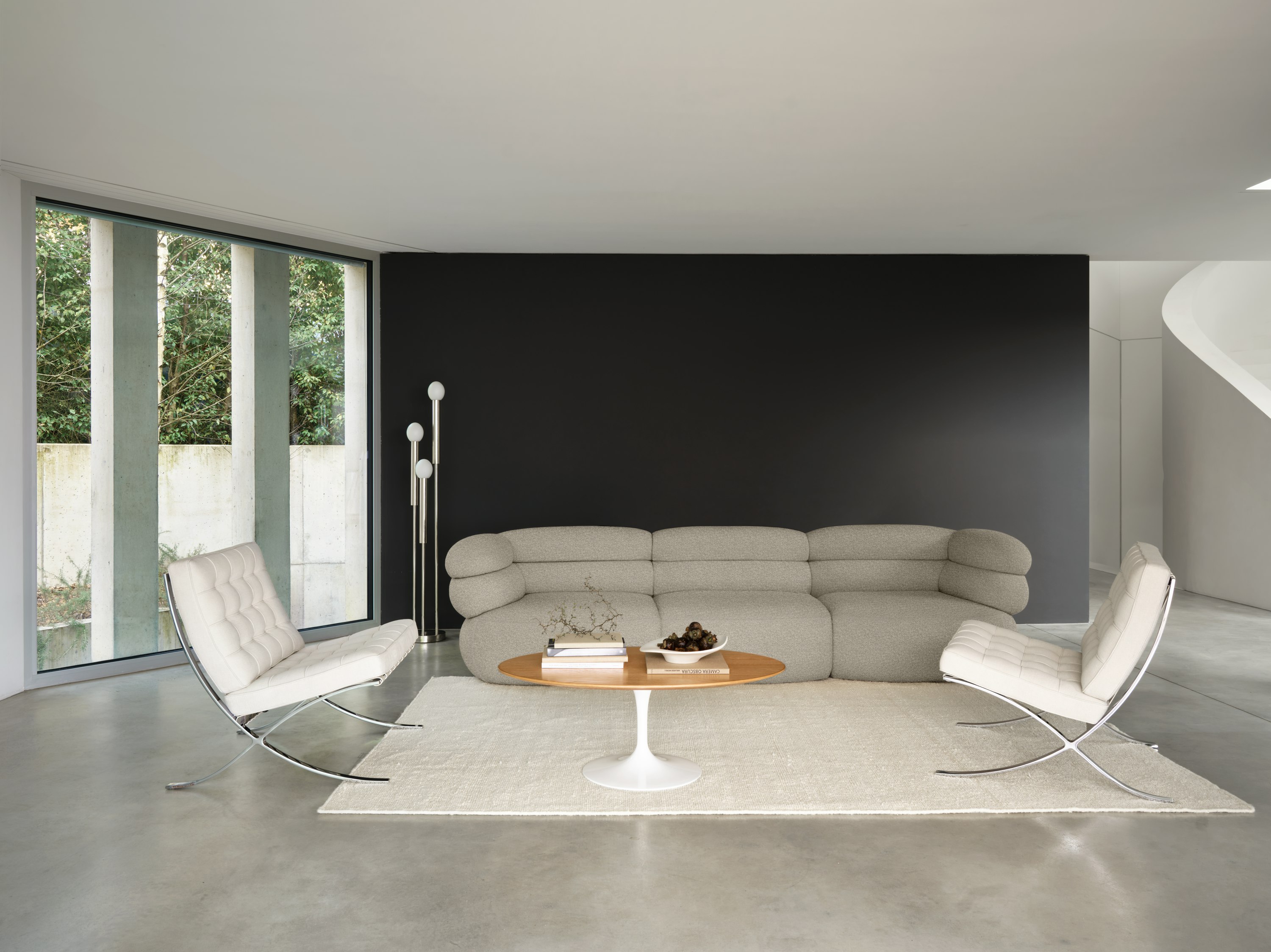 Biboni Sofa in Solid Sublime Greige with Barcelona Chairs in Haven Ivory