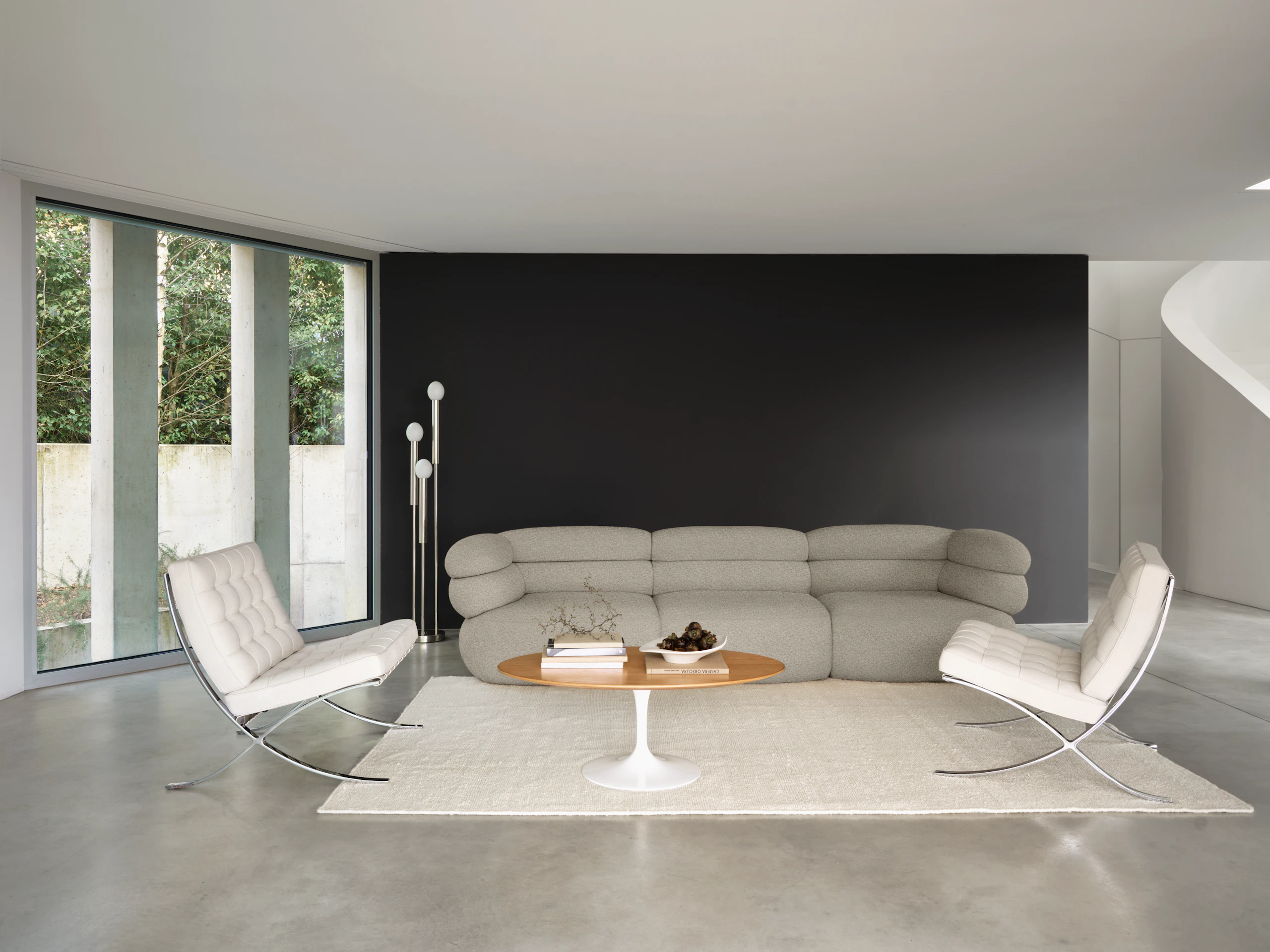 Biboni Sofa in Solid Sublime Greige with Barcelona Chairs in Haven Ivory