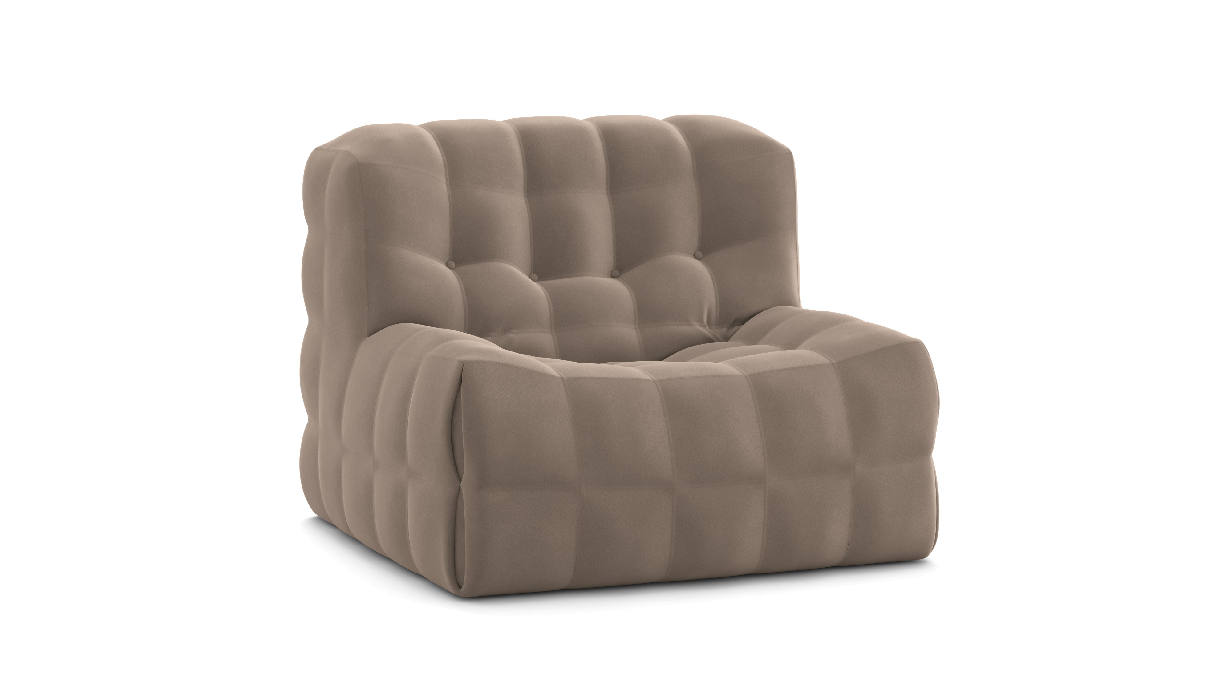 A Kashima Armchair in Moon Velvet Linen viewed from an angle.