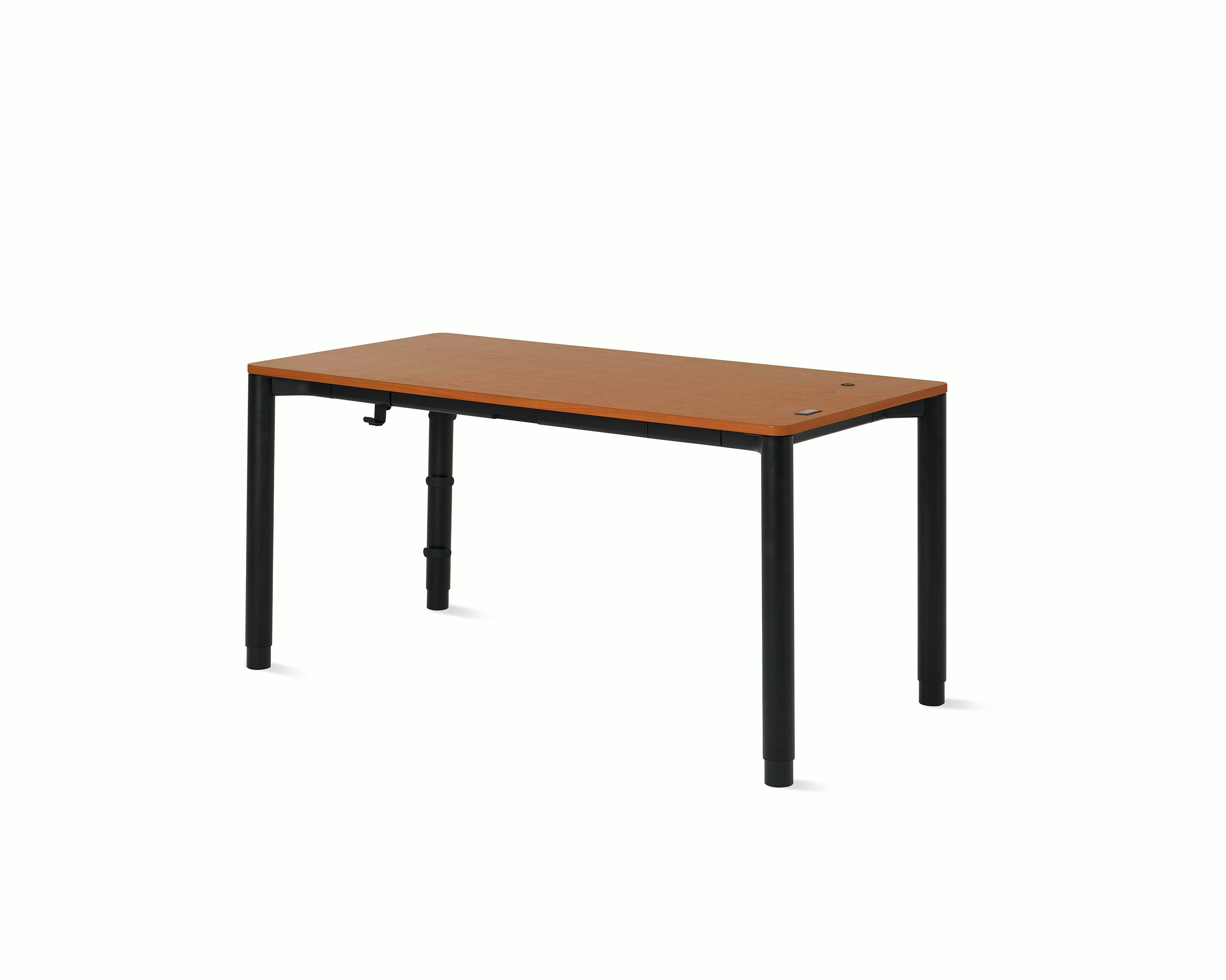 Angle view of a four leg height-adjustable table with a dark woodgrain surface and black base.