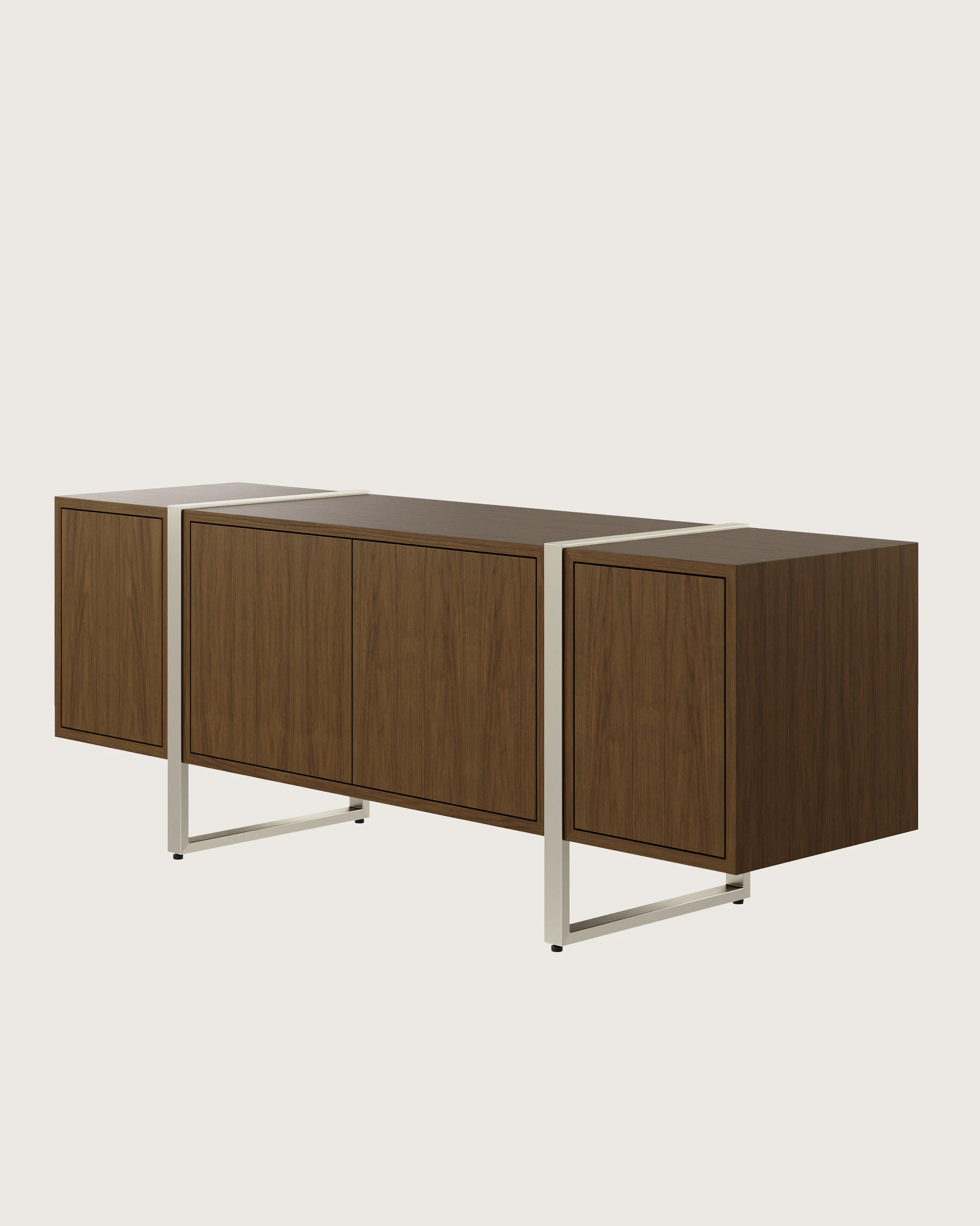 Highline Credenza in Natural Flat Cut Walnut with Satin Nickel Legs viewed from a 45 degree angle.