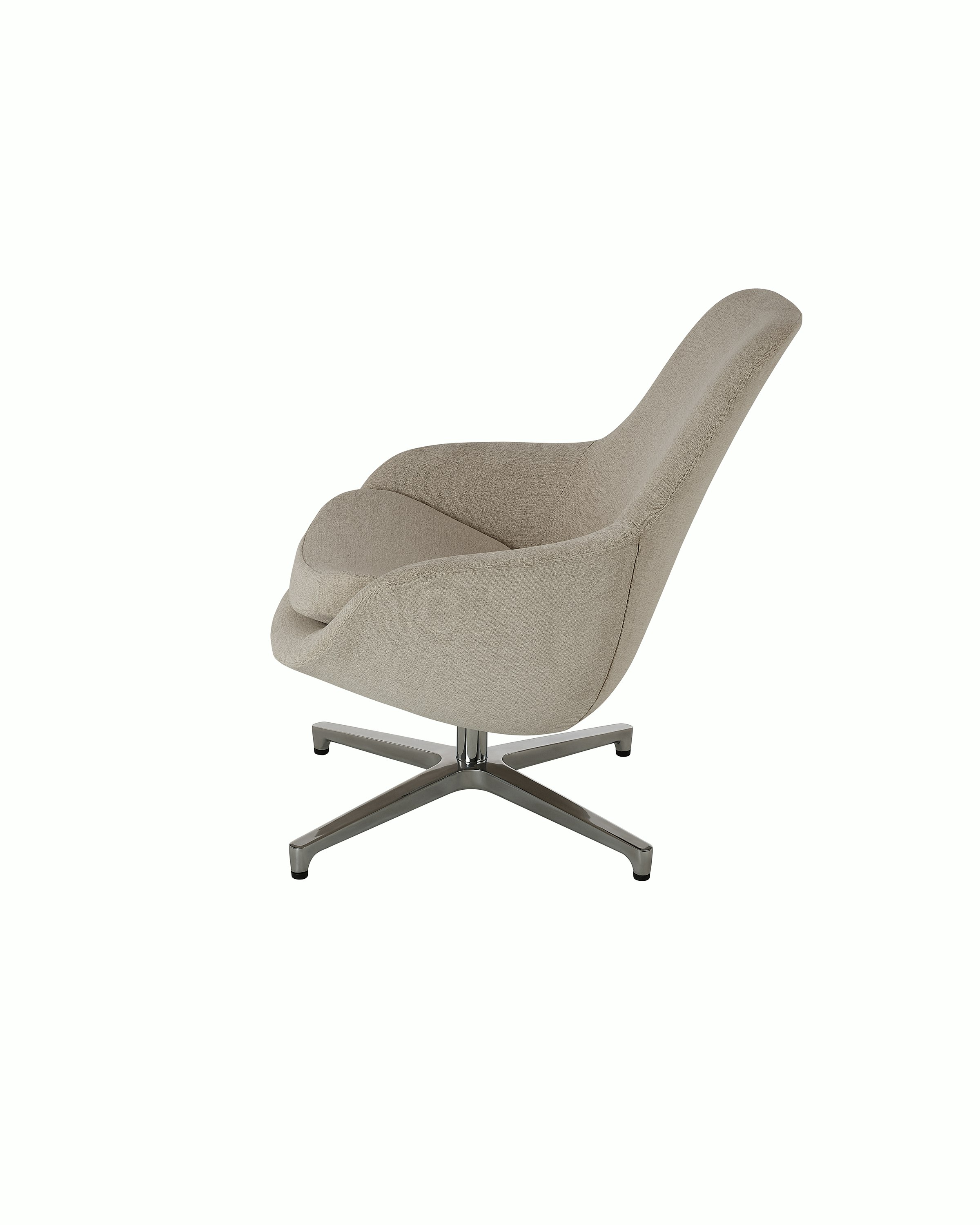Saiba Lounge Chair designed by Naoto Fukasawa upholstered in Vionette in Desert Mix with a polished aluminum base, shown in profile on a white sweep.