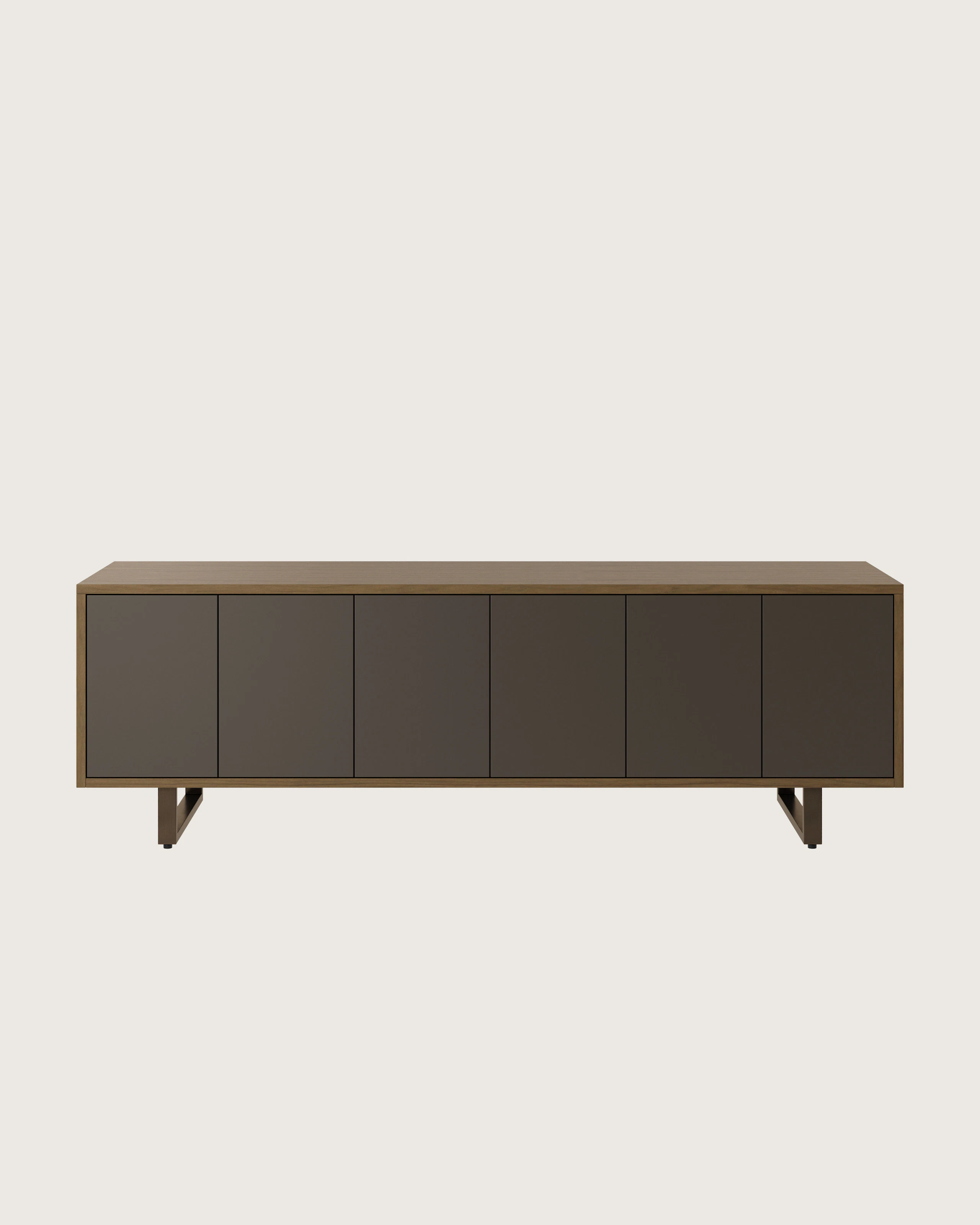 Highline Twenty Five Credenza in Natural Flat Cut Walnut with Grey painted front and Oil Rubbed Bronze base viewed from the front.