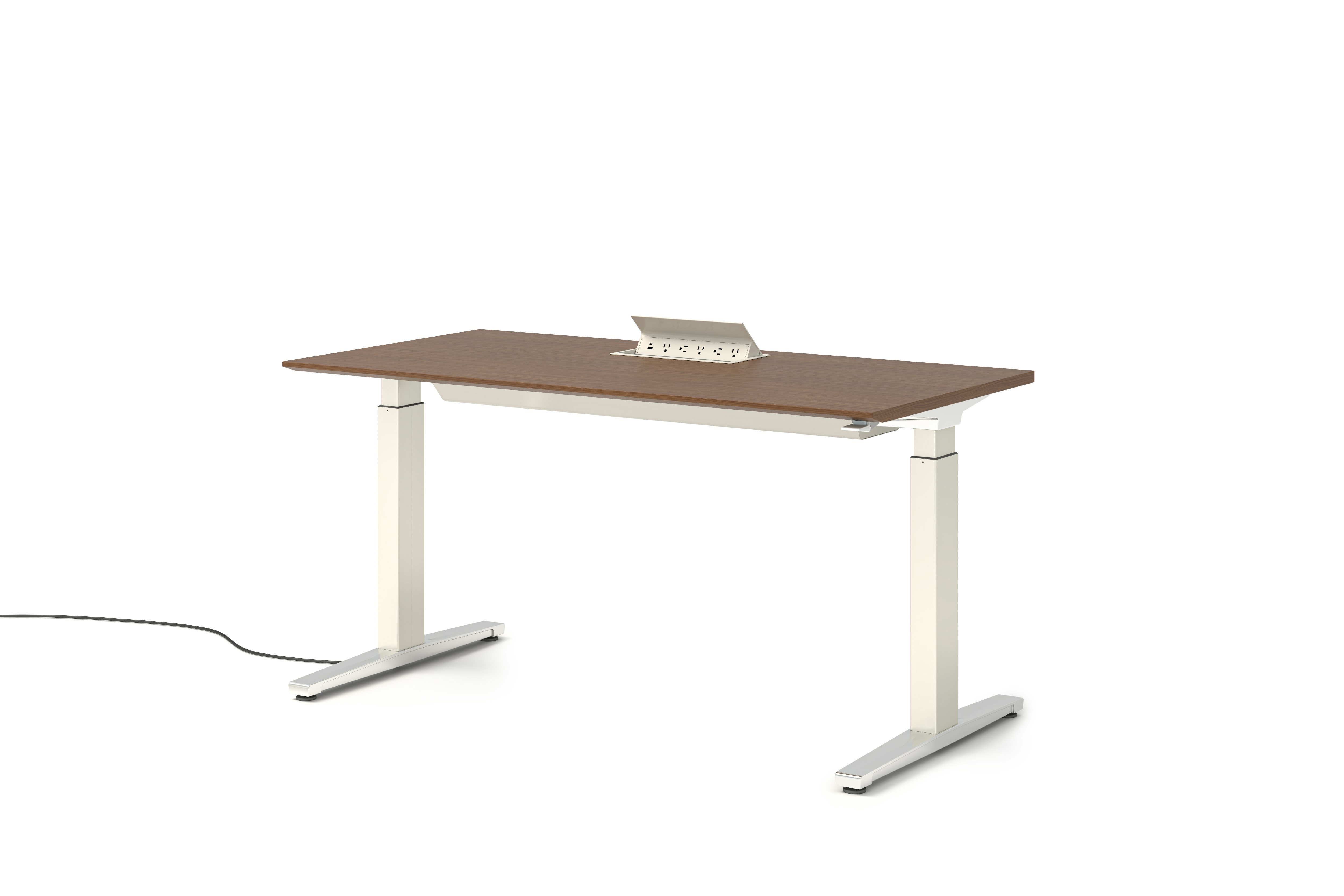 Renew S2S Embedded Power Desk - Standard,  29 x 58,  Veneer Walnut,  White / Polished Aluminum,  Integrated Cord Management,  Hidden Power,  Standard,  T Leg