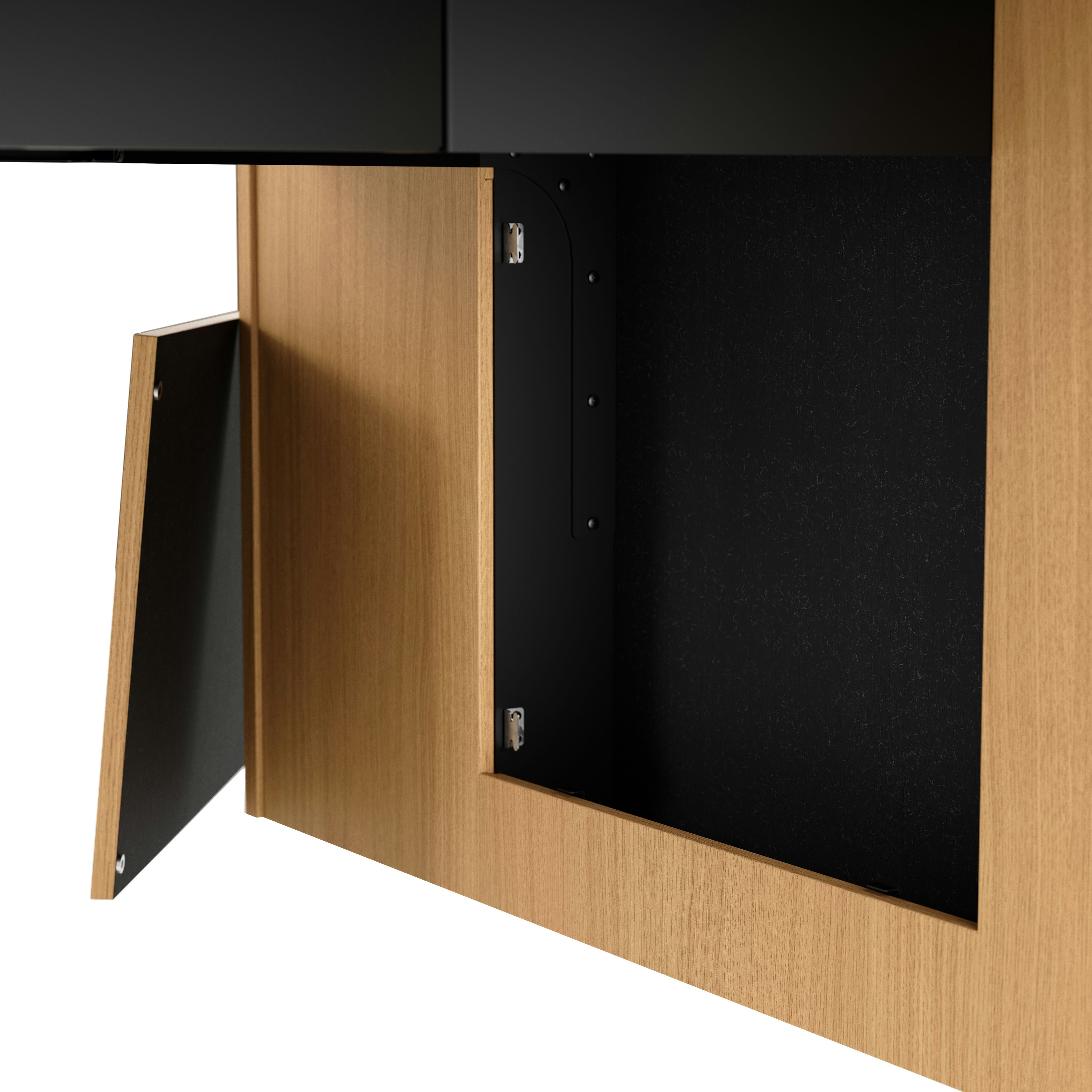Wire management detail shot JD Media Table and Wall in Natural Rift Cut Oak.