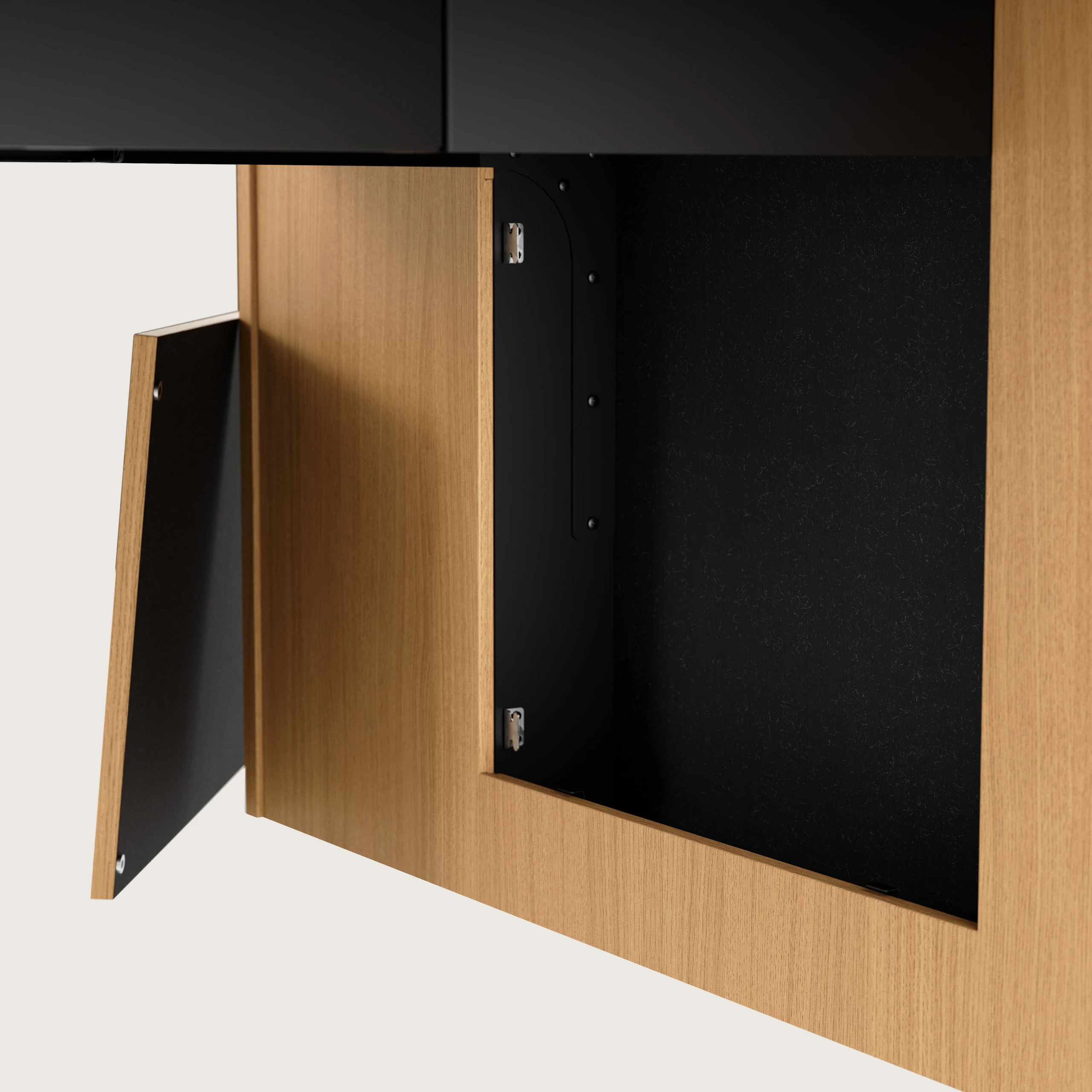 Wire management detail shot JD Media Table and Wall in Natural Rift Cut Oak.