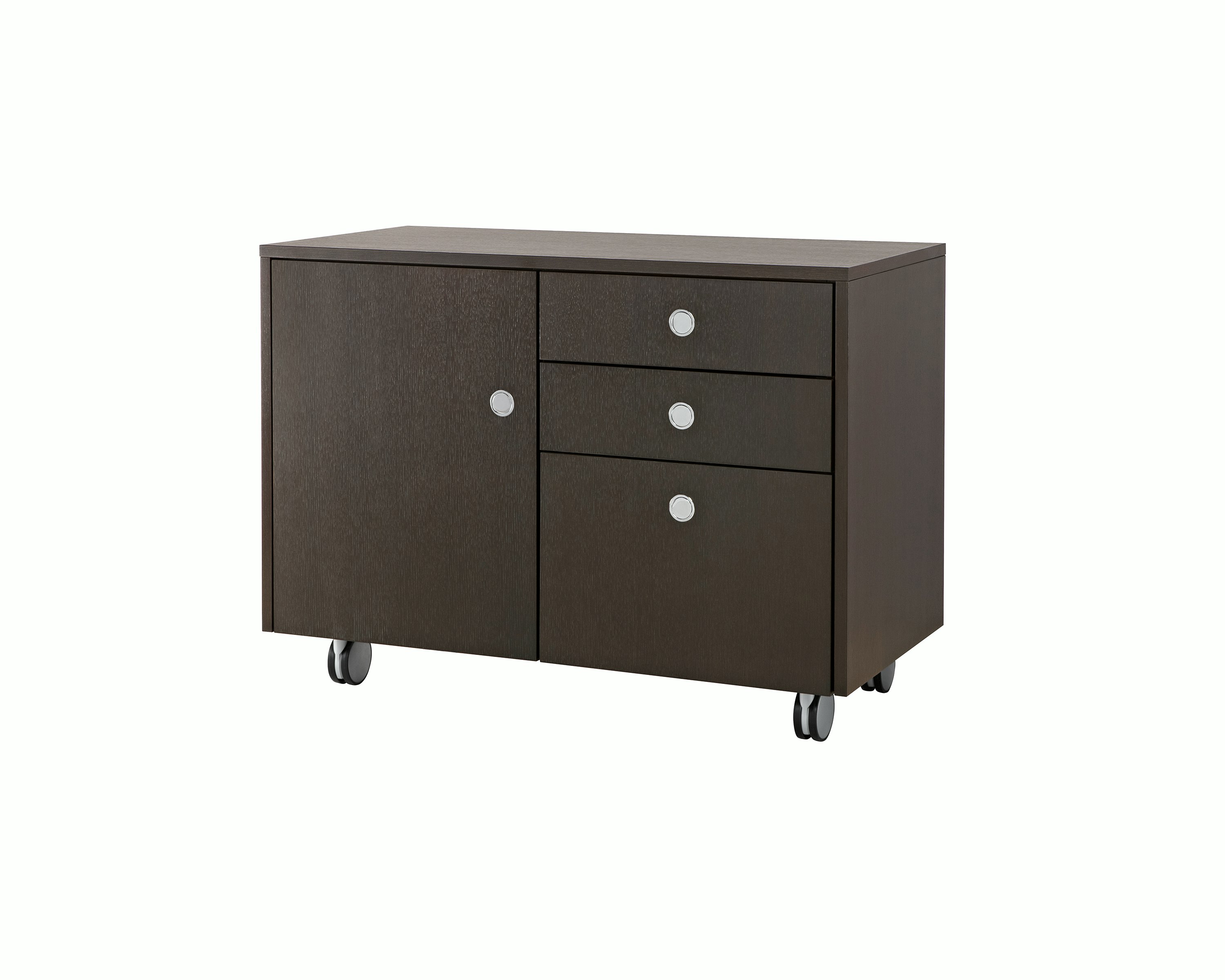 Angled view of a two-unit Sled Base Storage mobile pedestal with a dark wood finish and casters.