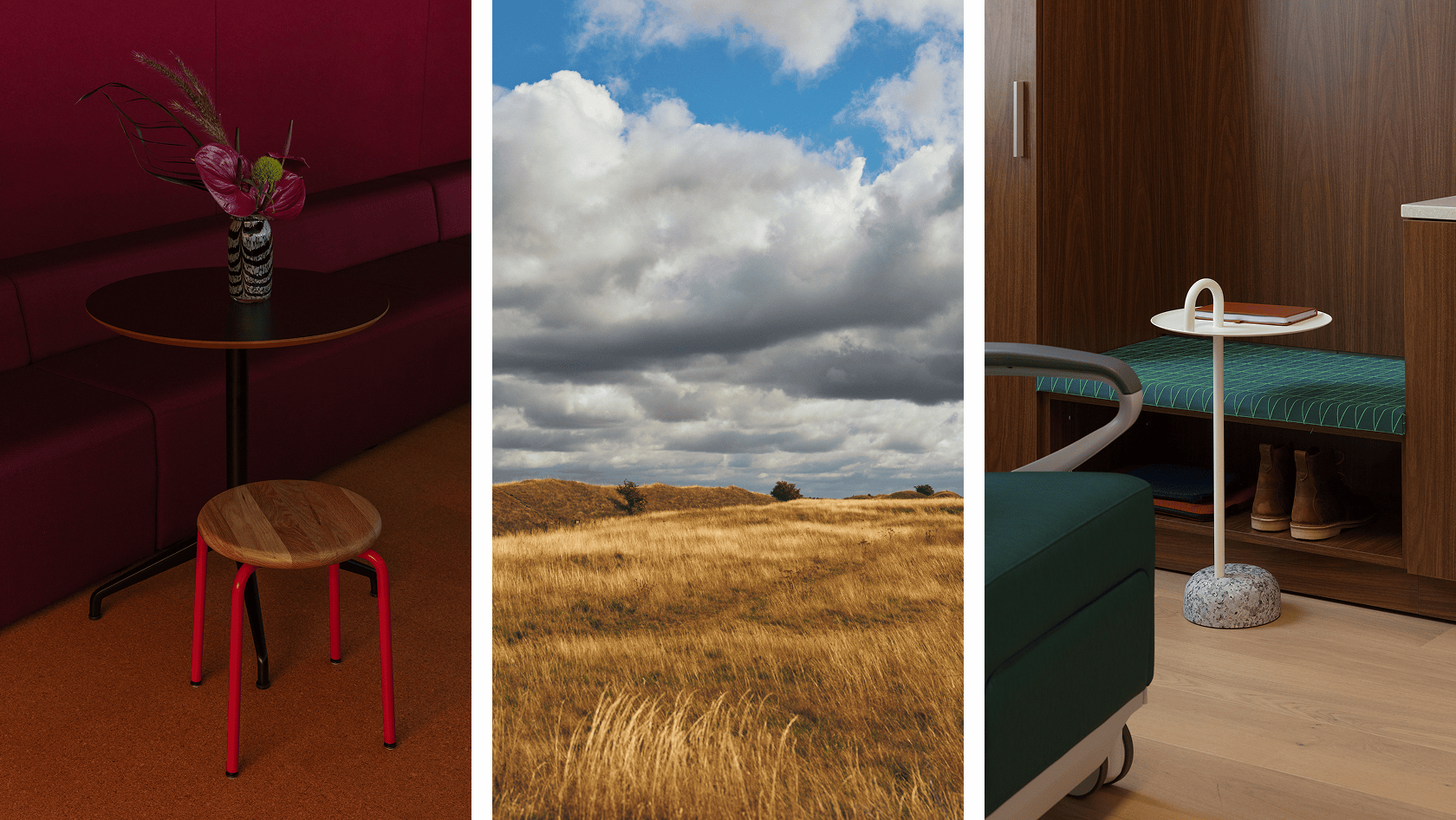 Collage showing a red room with a red table and stool, a golden field covered by a cloud-filled blue sky, and a room with a wooden built-in bench with green cushion and a green Nemschoff Ava Recliner.
