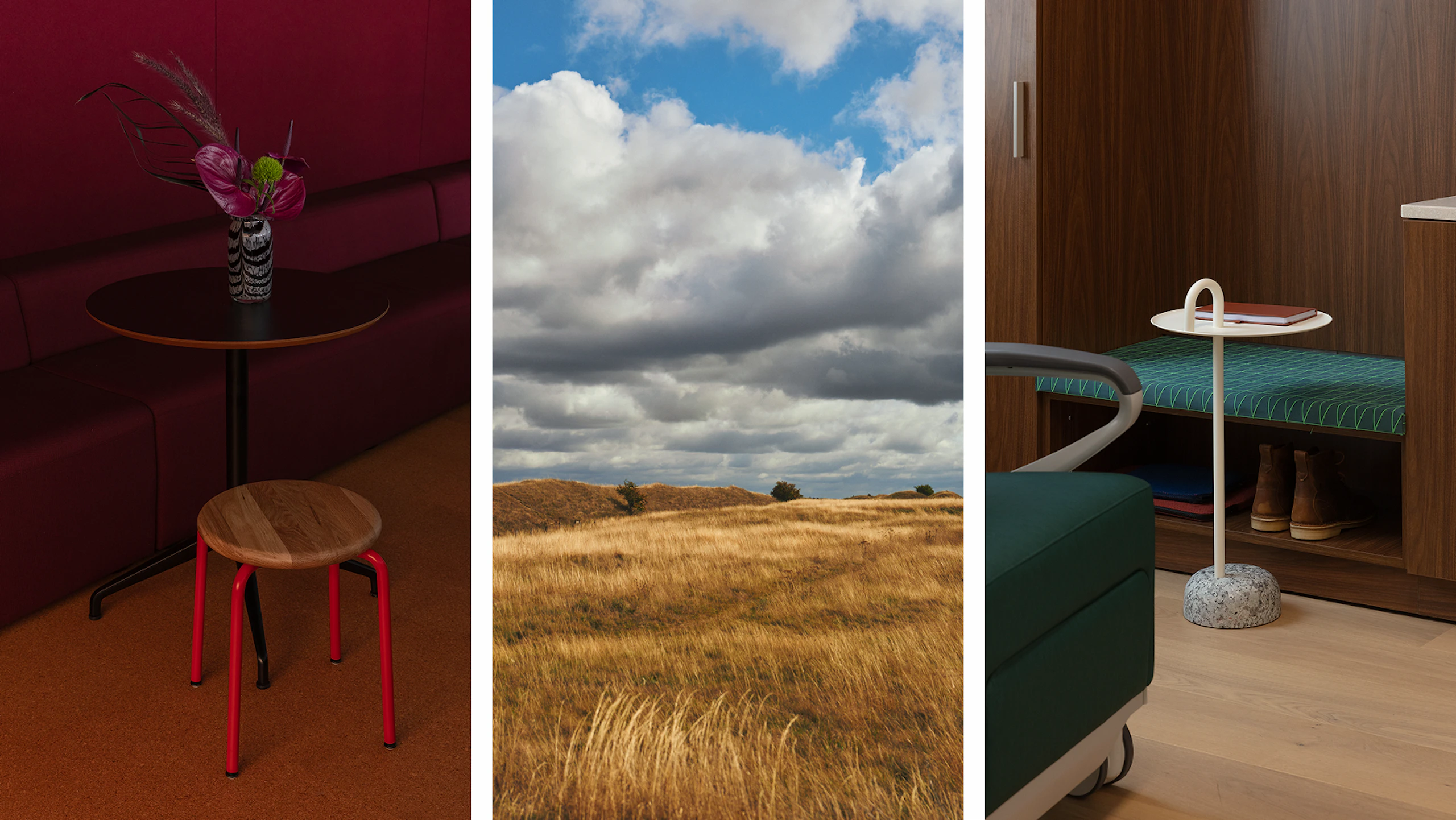 Collage showing a red room with a red table and stool, a golden field covered by a cloud-filled blue sky, and a room with a wooden built-in bench with green cushion and a green Nemschoff Ava Recliner.
