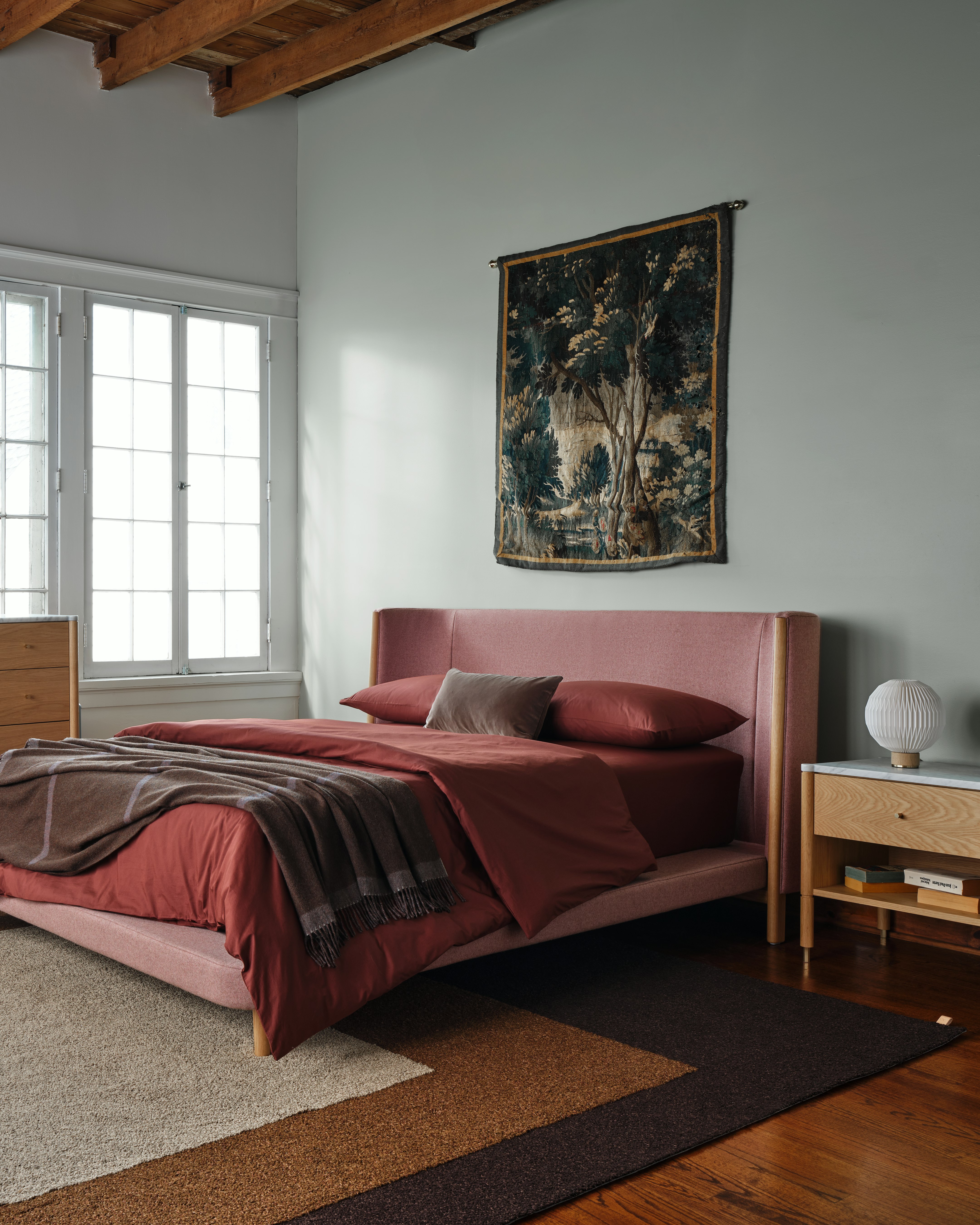 Emmy Bed tall in Peony with Morrison Bedside and Dresser