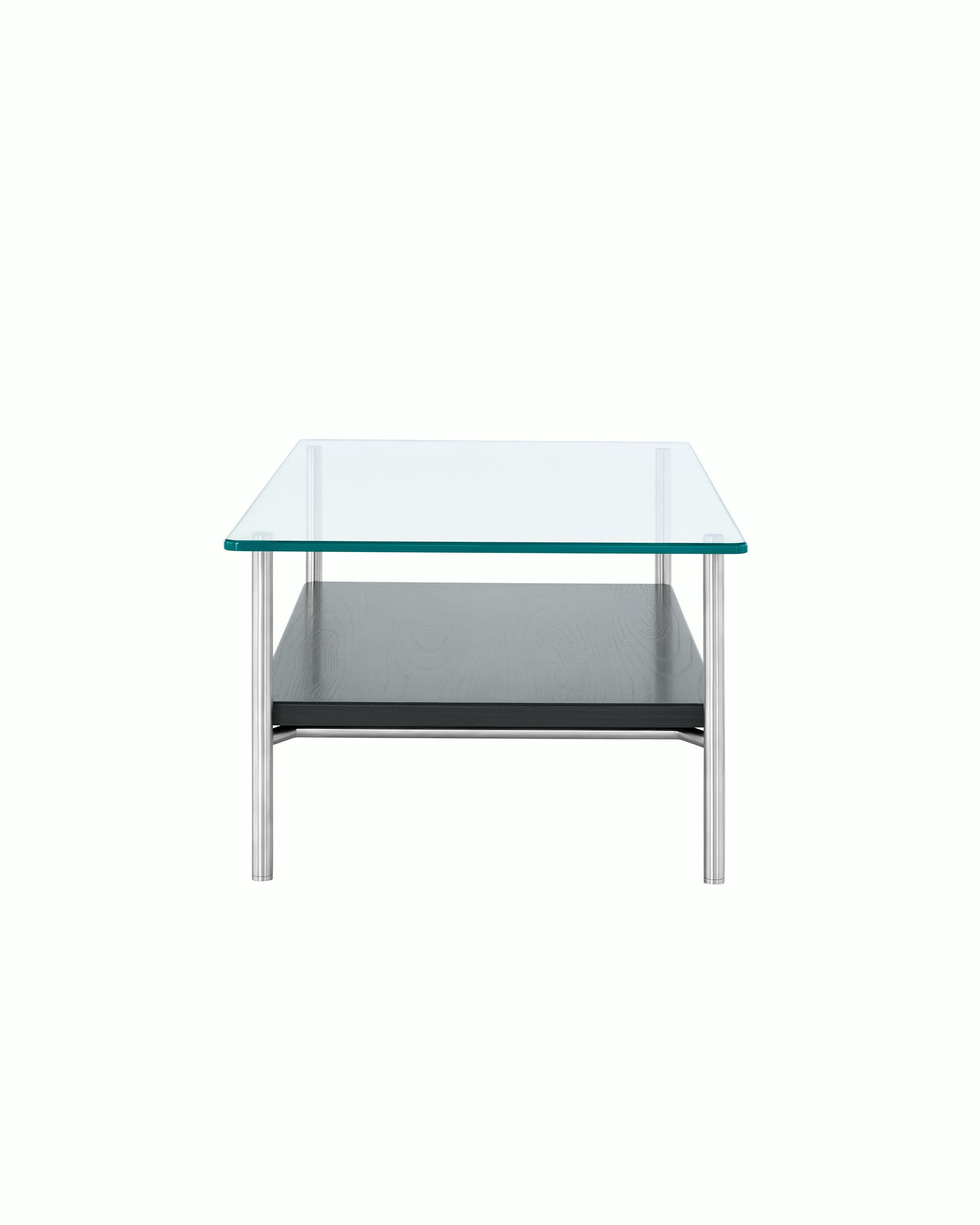 A rectangular Layer coffee table with a glass top and black lower shelf, viewed from the side.