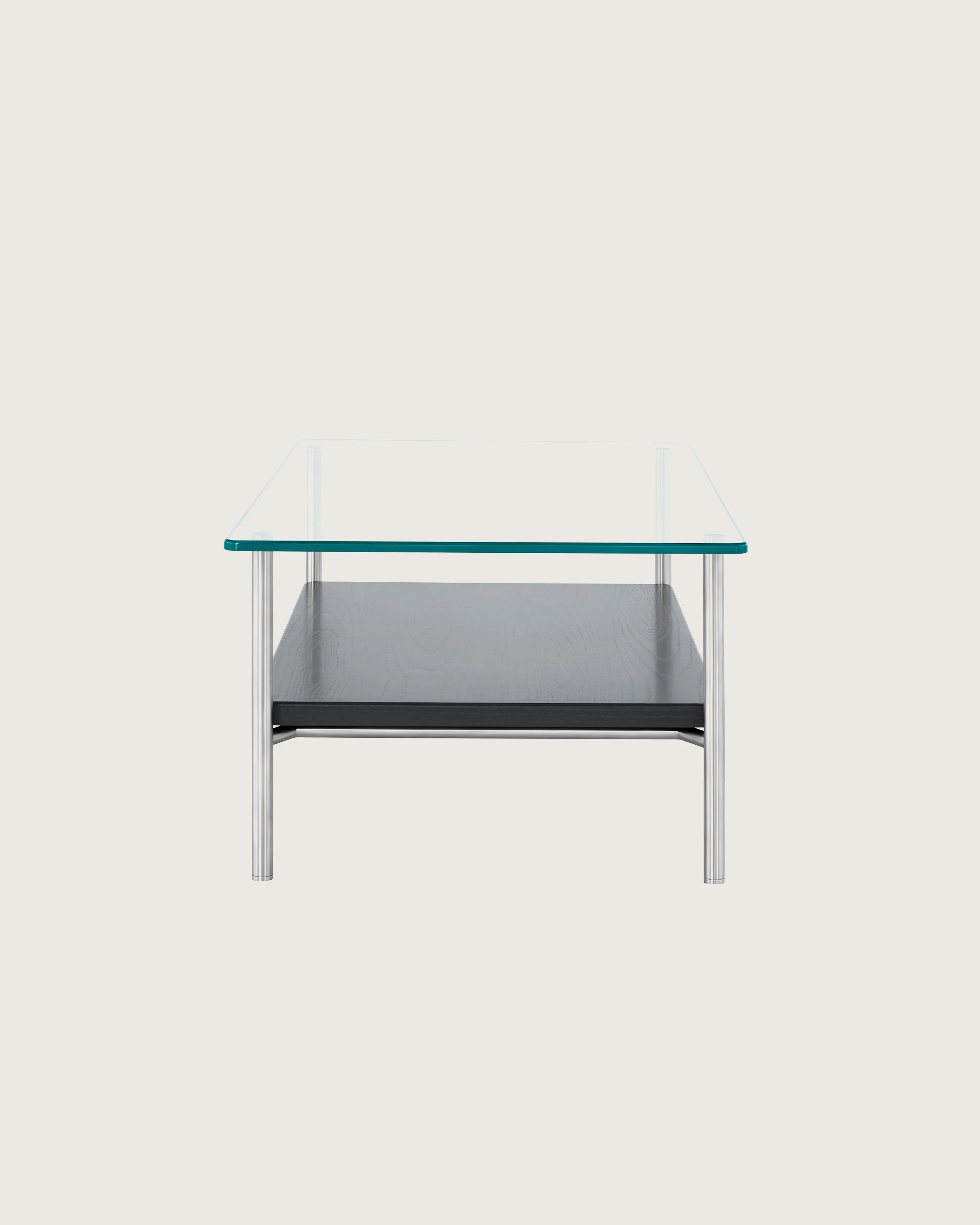 A rectangular Layer coffee table with a glass top and black lower shelf, viewed from the side.