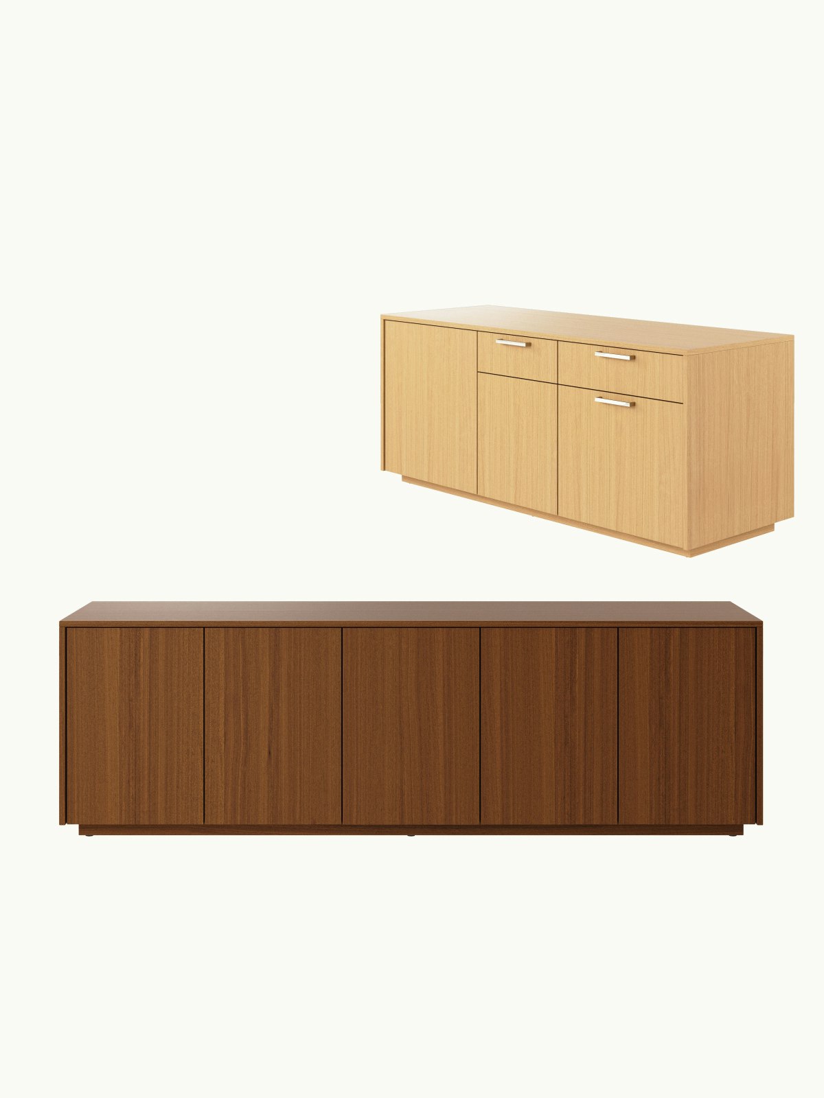 Two JD Credenzas, one front-facing in Walnut, one in Oak shown at an angle and staggered above the other, on a white sweep.