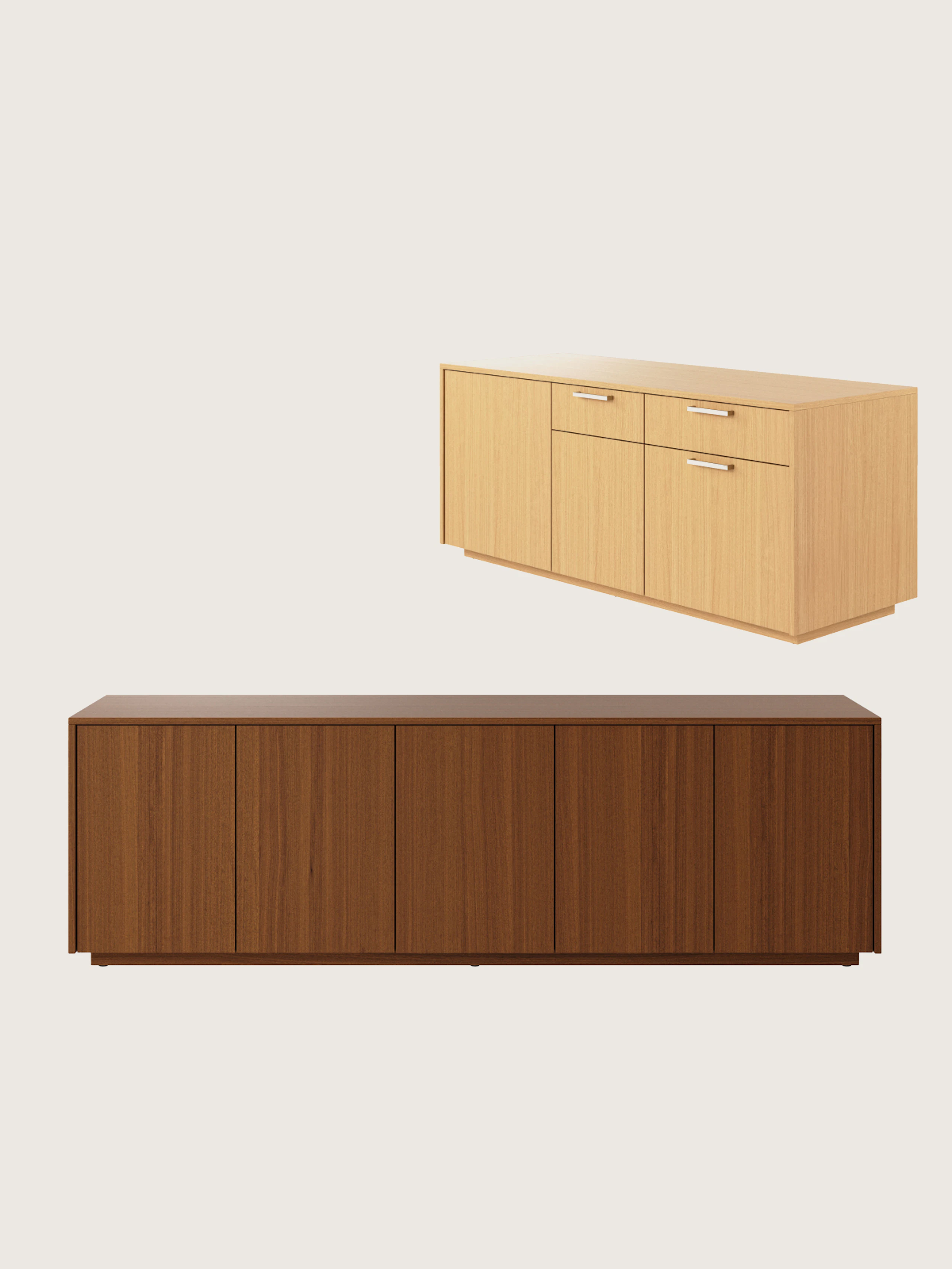 Two JD Credenzas, one front-facing in Walnut, one in Oak shown at an angle and staggered above the other, on a white sweep.