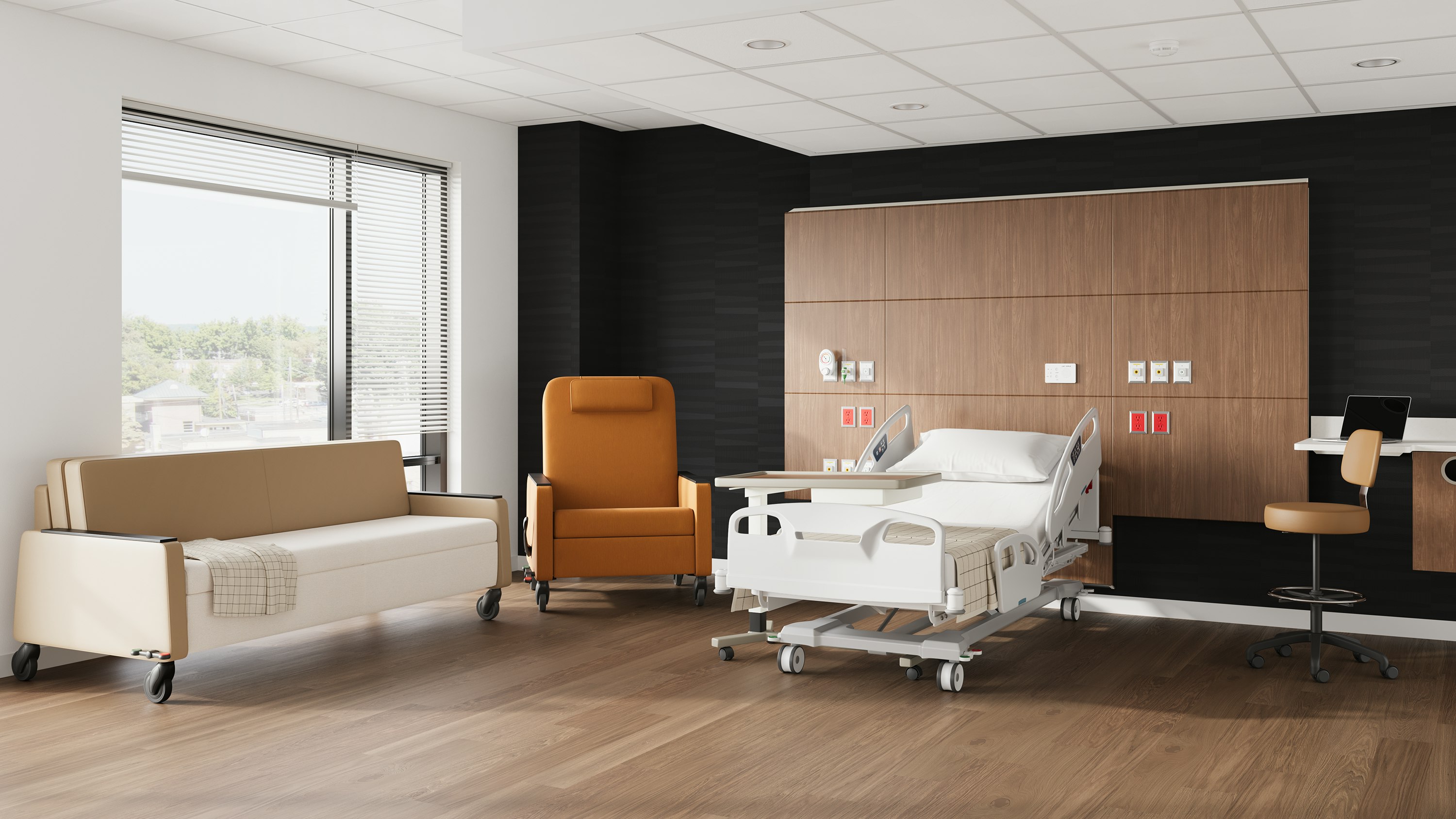 Gemma Recliner & Gemma Flop Sofa paired with Mora System in a patient room.